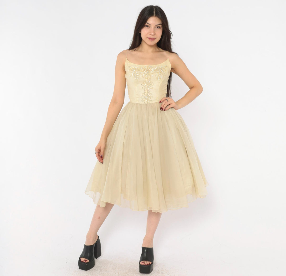 1950s Cream Sequin Floral Party Dress Full Skirt Chiffon Extra Small XS