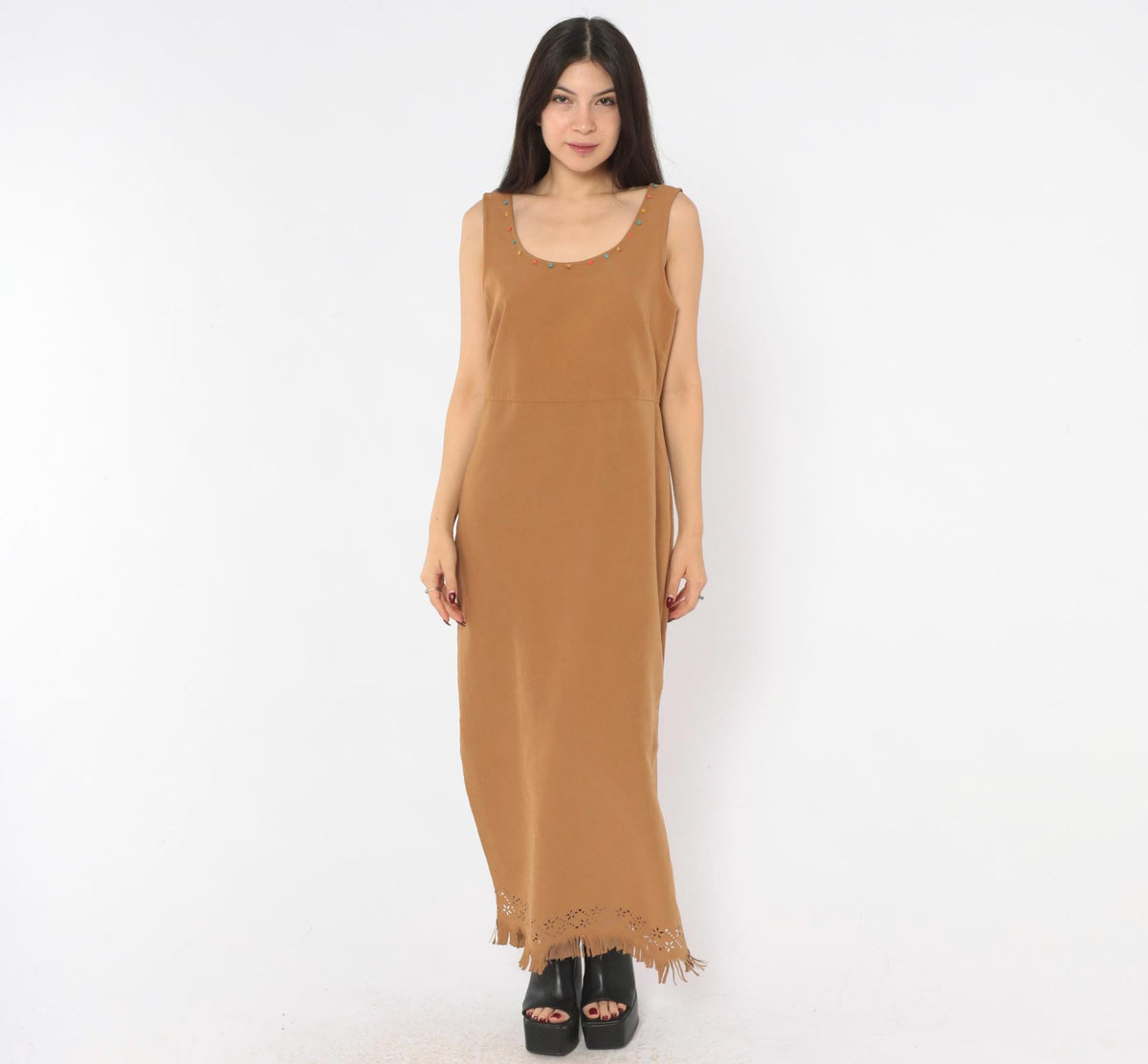 Jessica Howard 2000s Tan Faux Suede Maxi Dress Beaded Scoop Neck Fringe Medium M