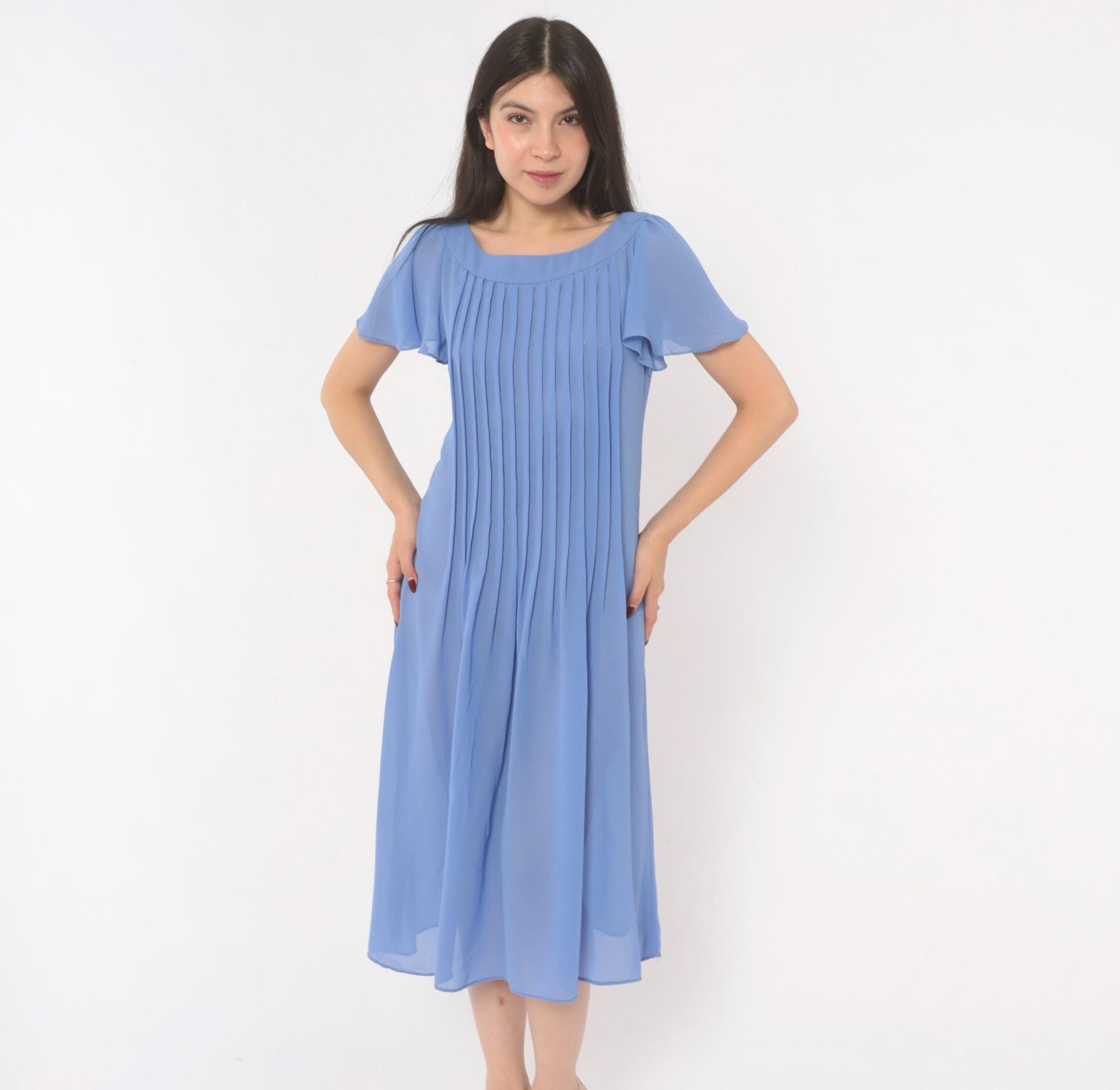 80s David Morris Periwinkle Pintuck Midi Dress Flutter Sleeve Small