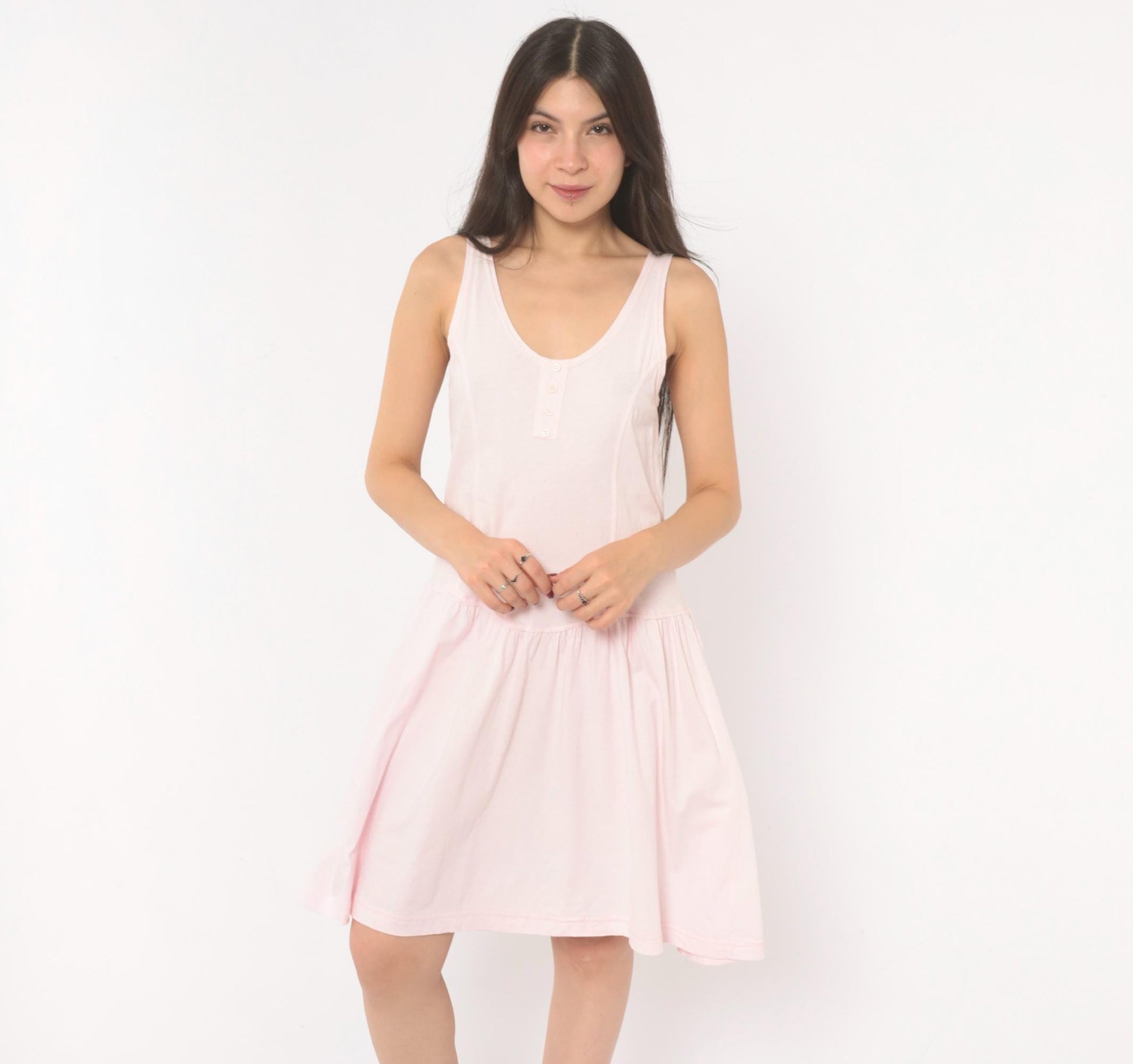 90s Cest Joti Blush Cotton Sundress Drop Waist Henley Neckline Small
