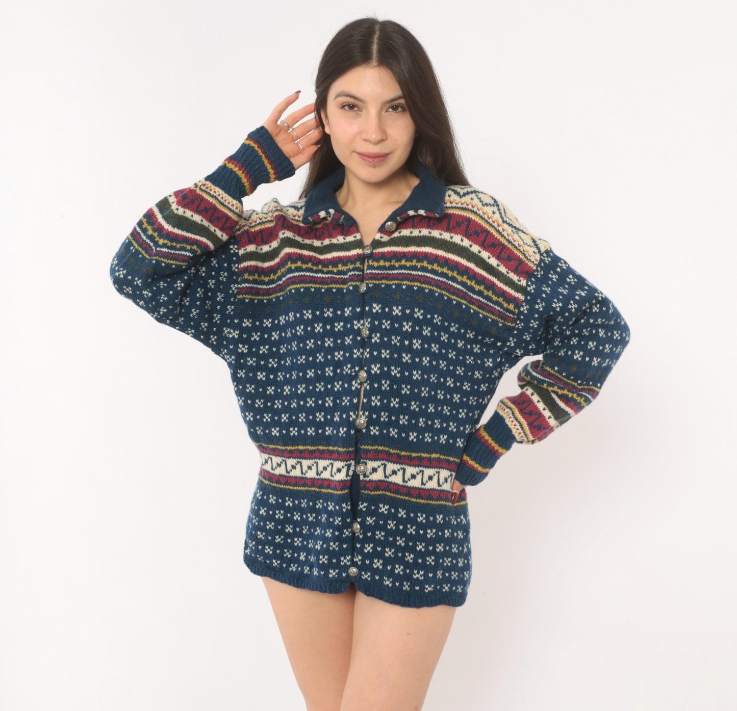 90s Husfliden Norwegian Fair Isle Wool Cardigan Navy Cream Burgundy Medium M