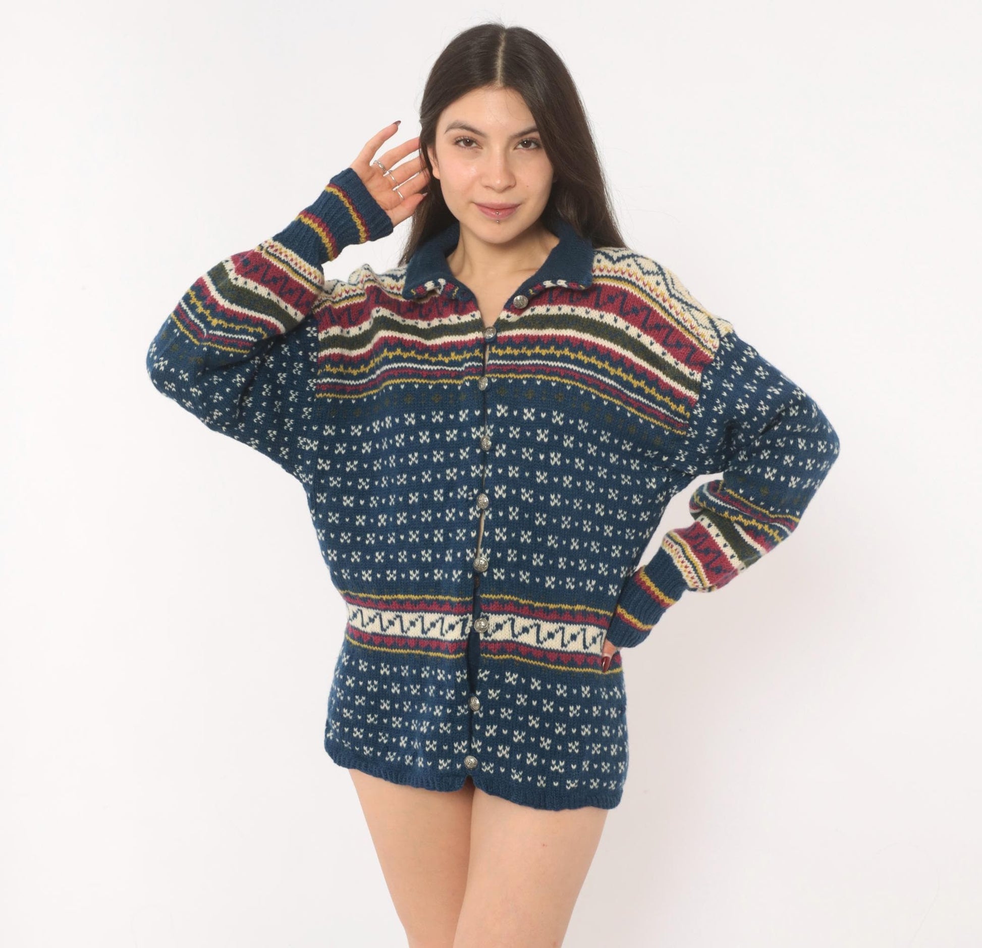 90s Husfliden Norwegian Fair Isle Wool Cardigan Navy Cream Burgundy Medium M