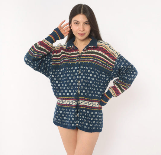 90s Husfliden Norwegian Fair Isle Wool Cardigan Navy Cream Burgundy Medium M