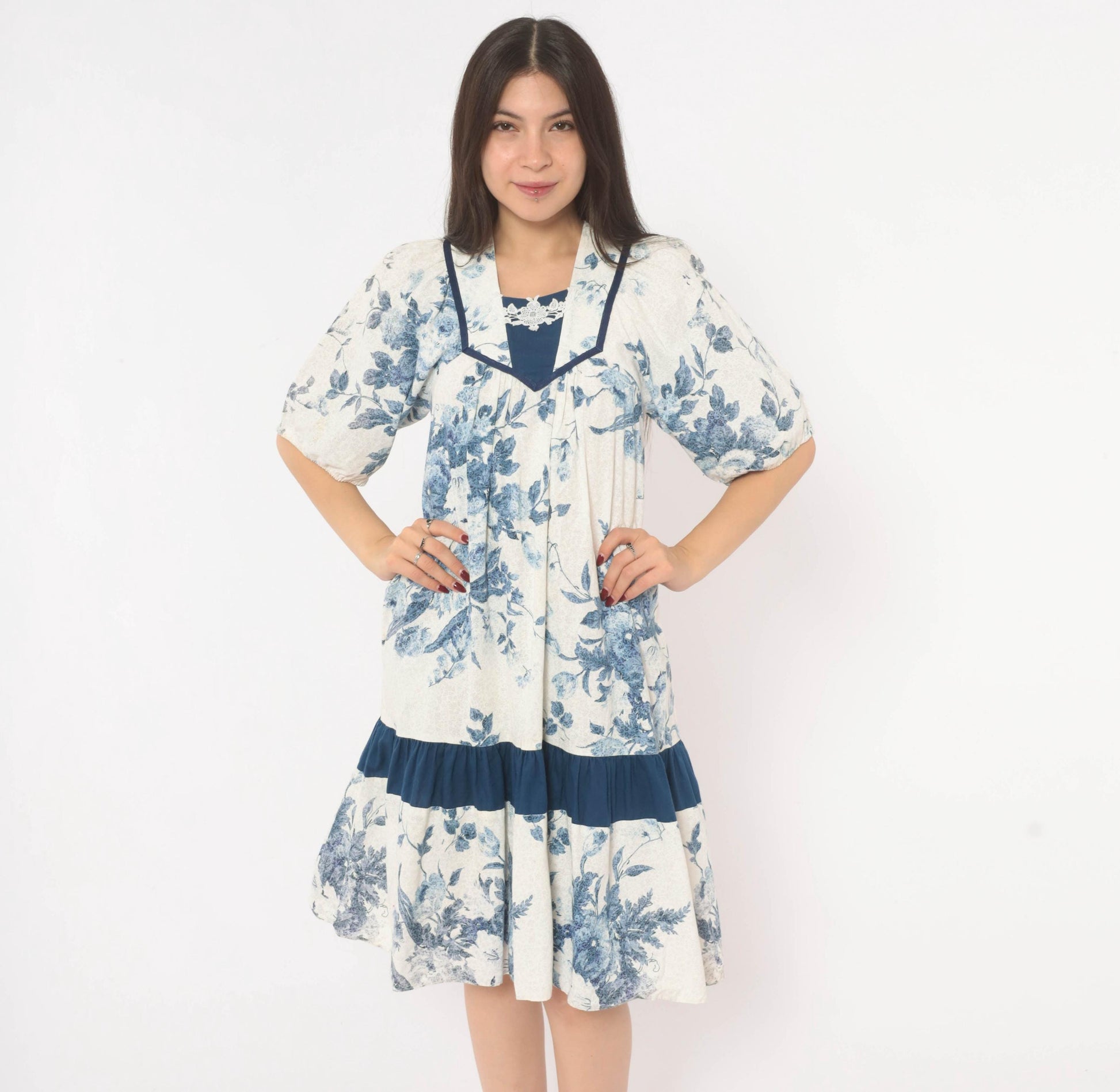 80s Liberty House Blue Floral Toile Cotton Dress V-Neck Puff Sleeve Extra Small XS