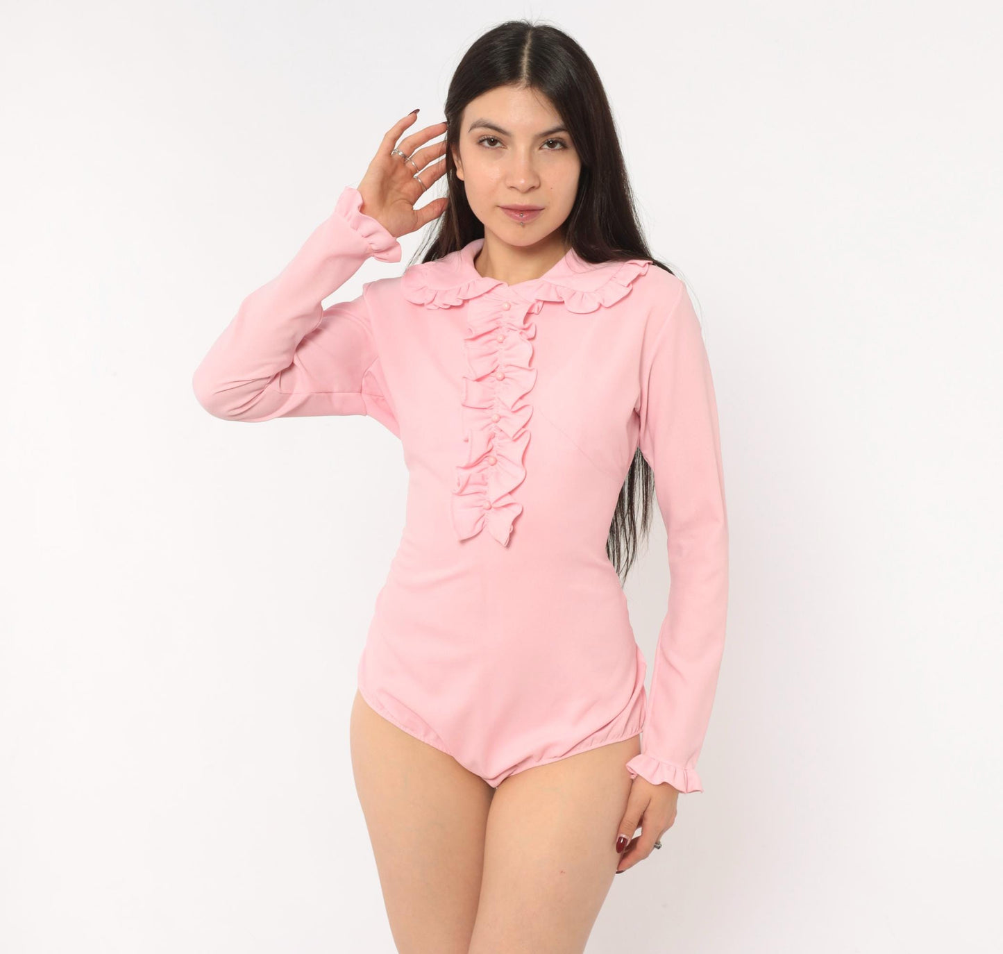 70s Pink Ruffle Bodysuit Peter Pan Collar Long Sleeve Large L