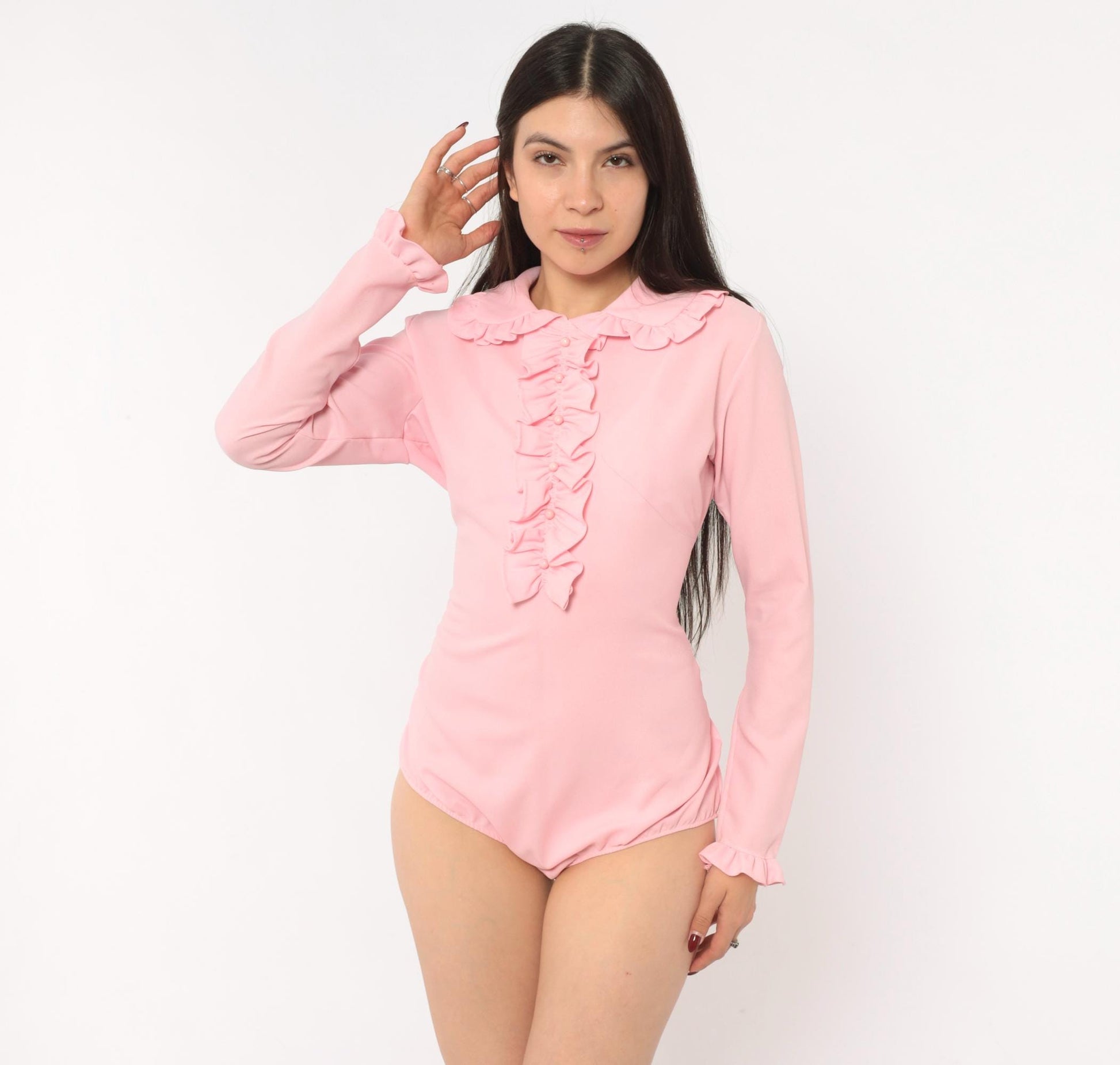 70s Pink Ruffle Bodysuit Peter Pan Collar Long Sleeve Large L