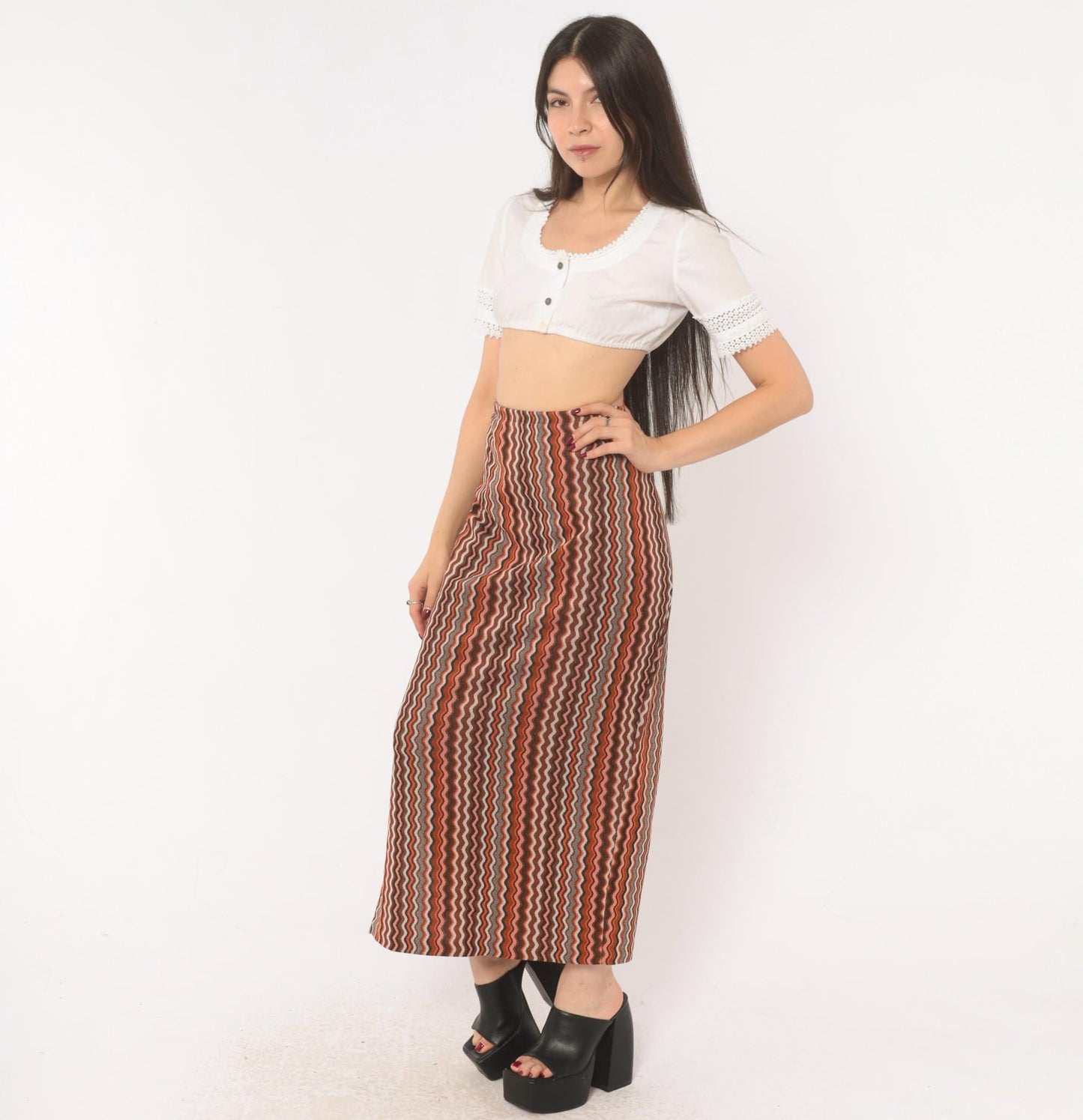 70s Orange Brown Zigzag Knit Maxi Skirt Chevron Stripe Elastic Waist Large