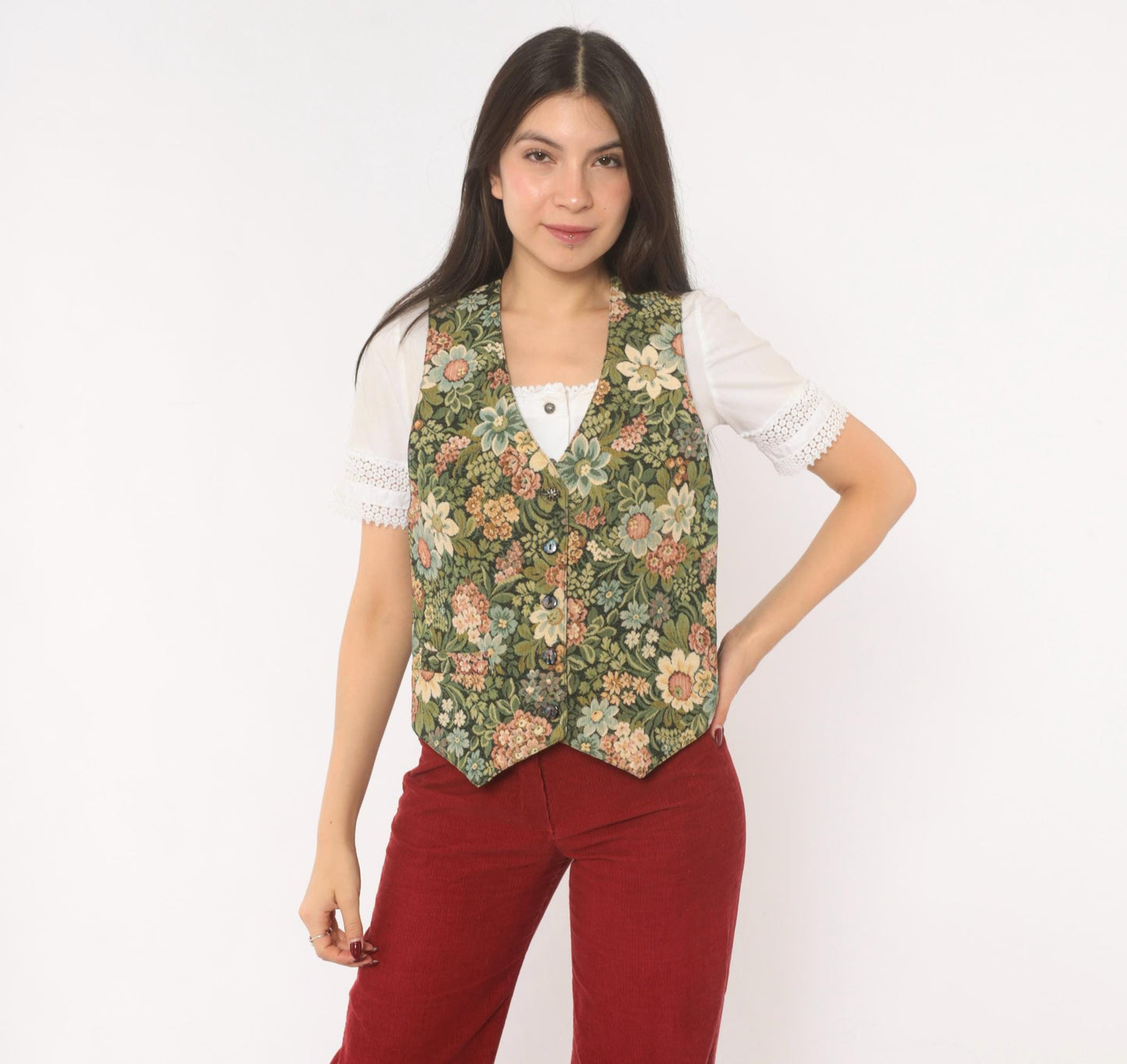 90s Di Di Scott Floral Tapestry Vest Button Front V Neck Olive Green Pink Small