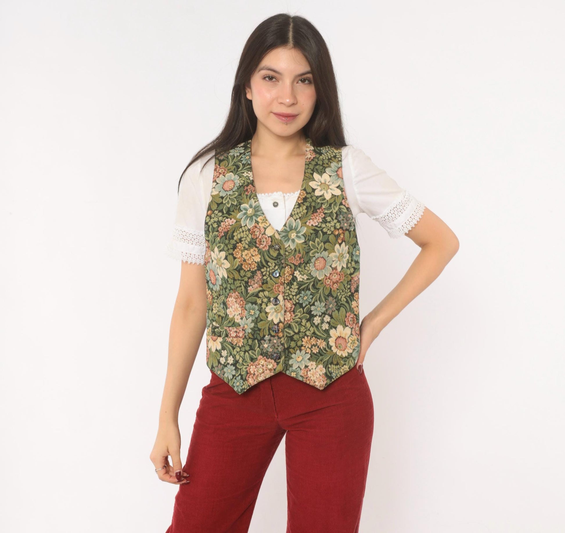90s Di Di Scott Floral Tapestry Vest Button Front V Neck Olive Green Pink Small