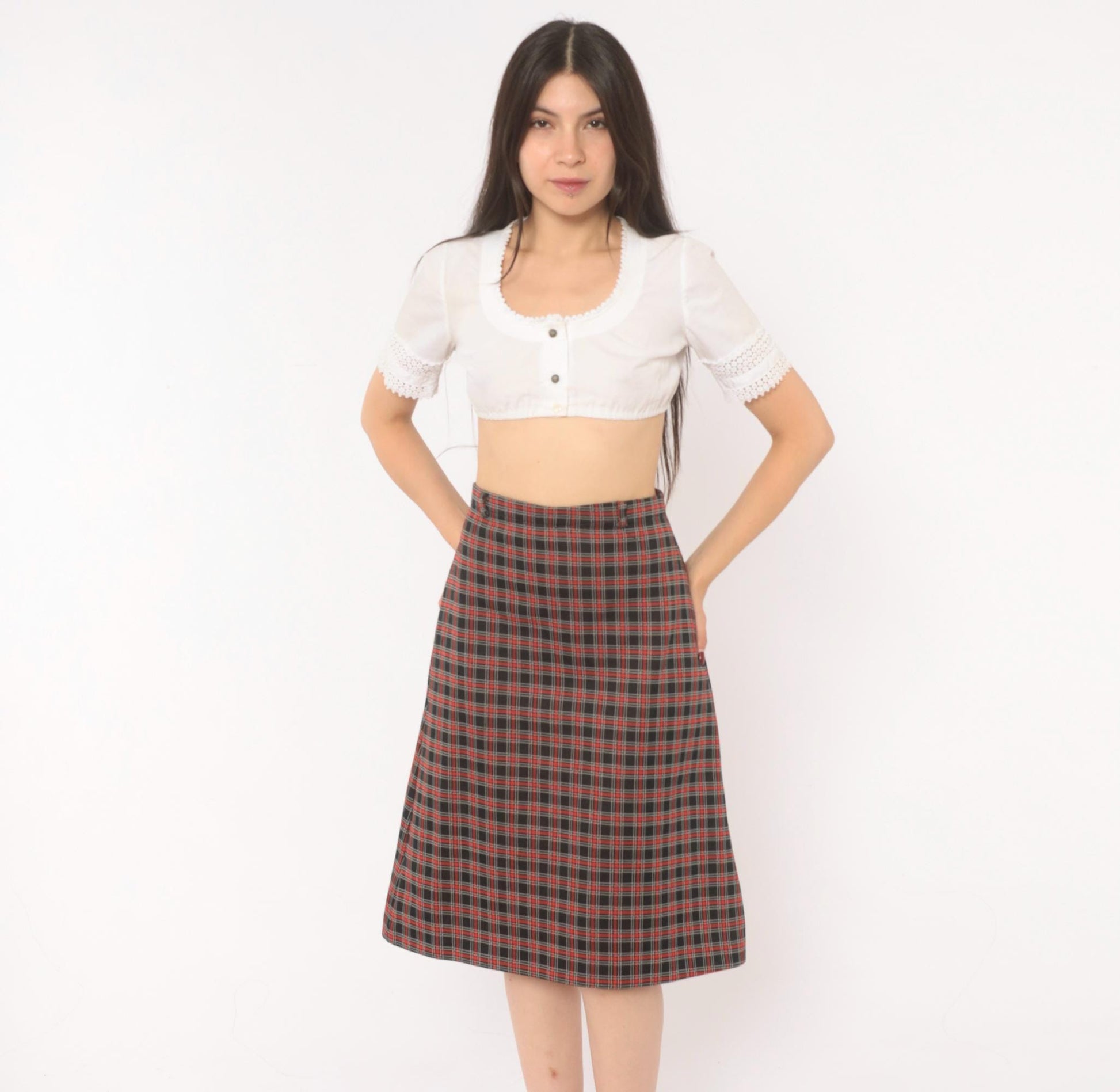 70s Black Red Tartan A-Line Skirt Knee-Length Plaid Preppy Medium