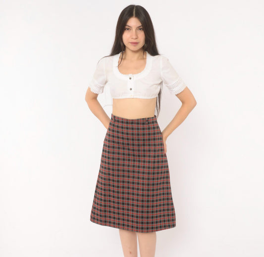 70s Black Red Tartan A-Line Skirt Knee-Length Plaid Preppy Medium