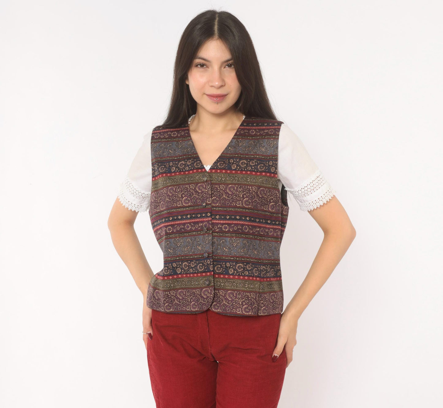90s Talbots Paisley Silk Vest V-Neck Plum Navy Jacquard Medium M