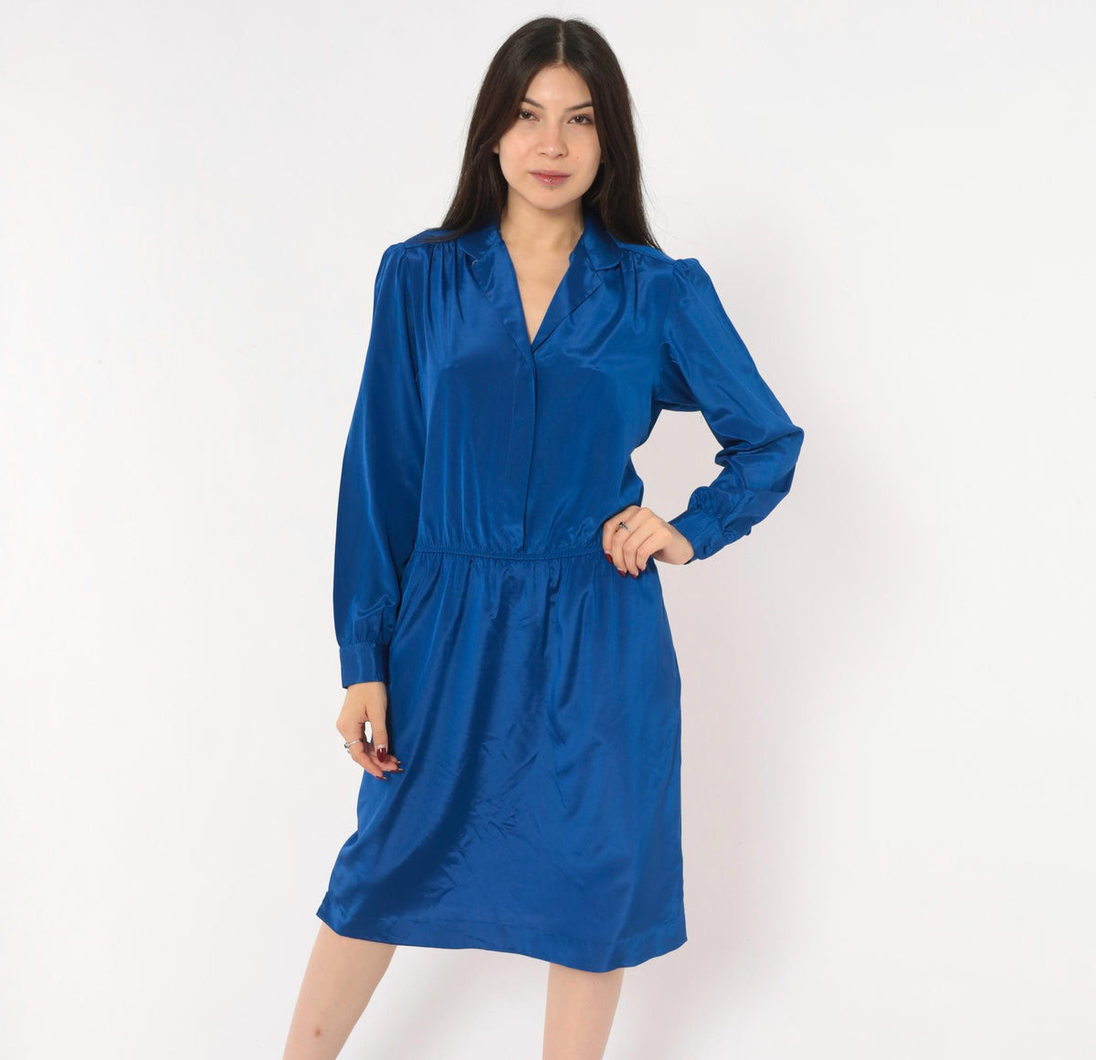 80s Cobalt Blue Satin Shirt Dress V Neck Gathered Waist Knee Length Medium M