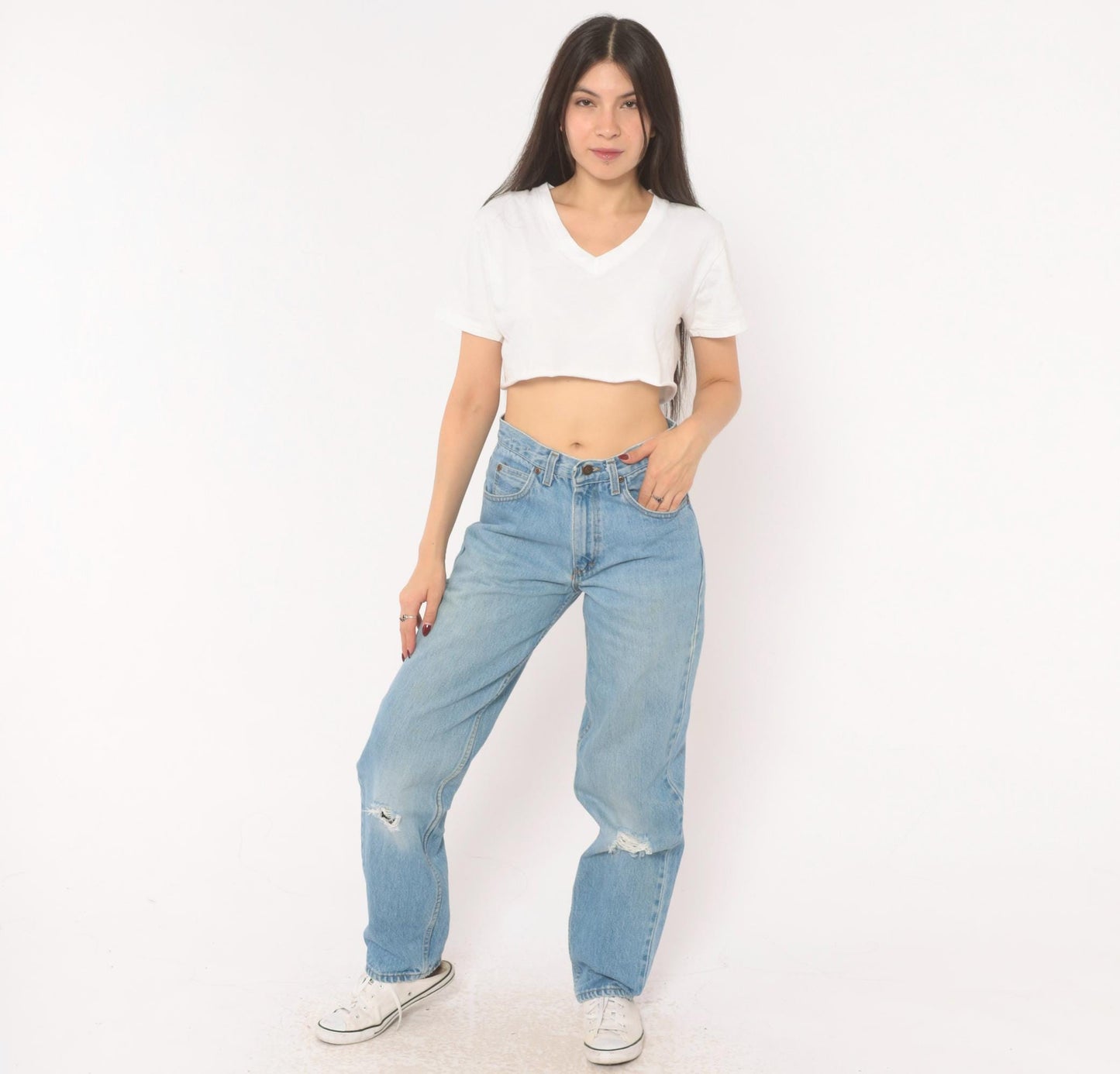 90s Light Wash Straight Leg High Rise Jeans Distressed Knee Rip Denim Small