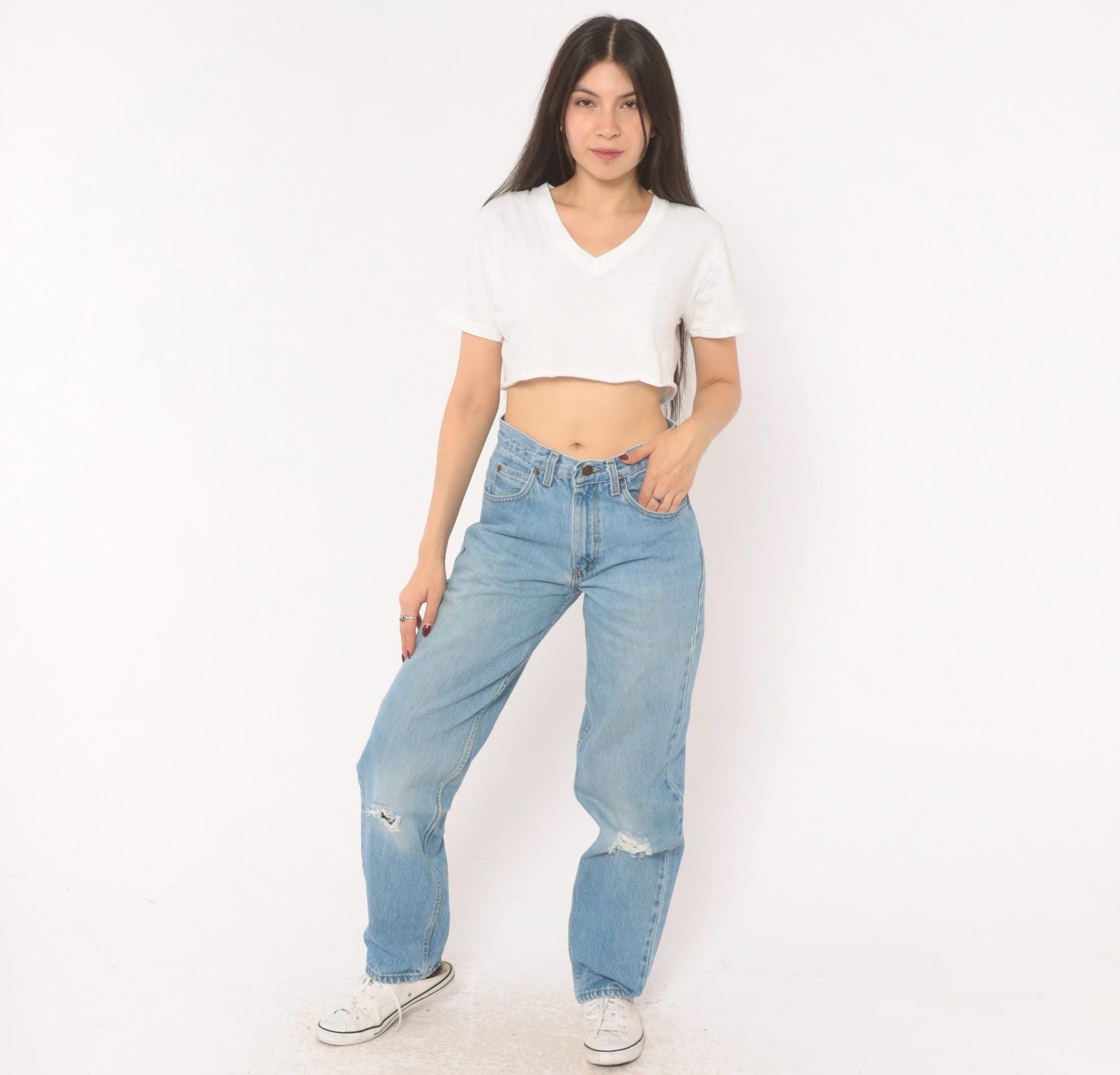 90s Light Wash Straight Leg High Rise Jeans Distressed Knee Rip Denim Small