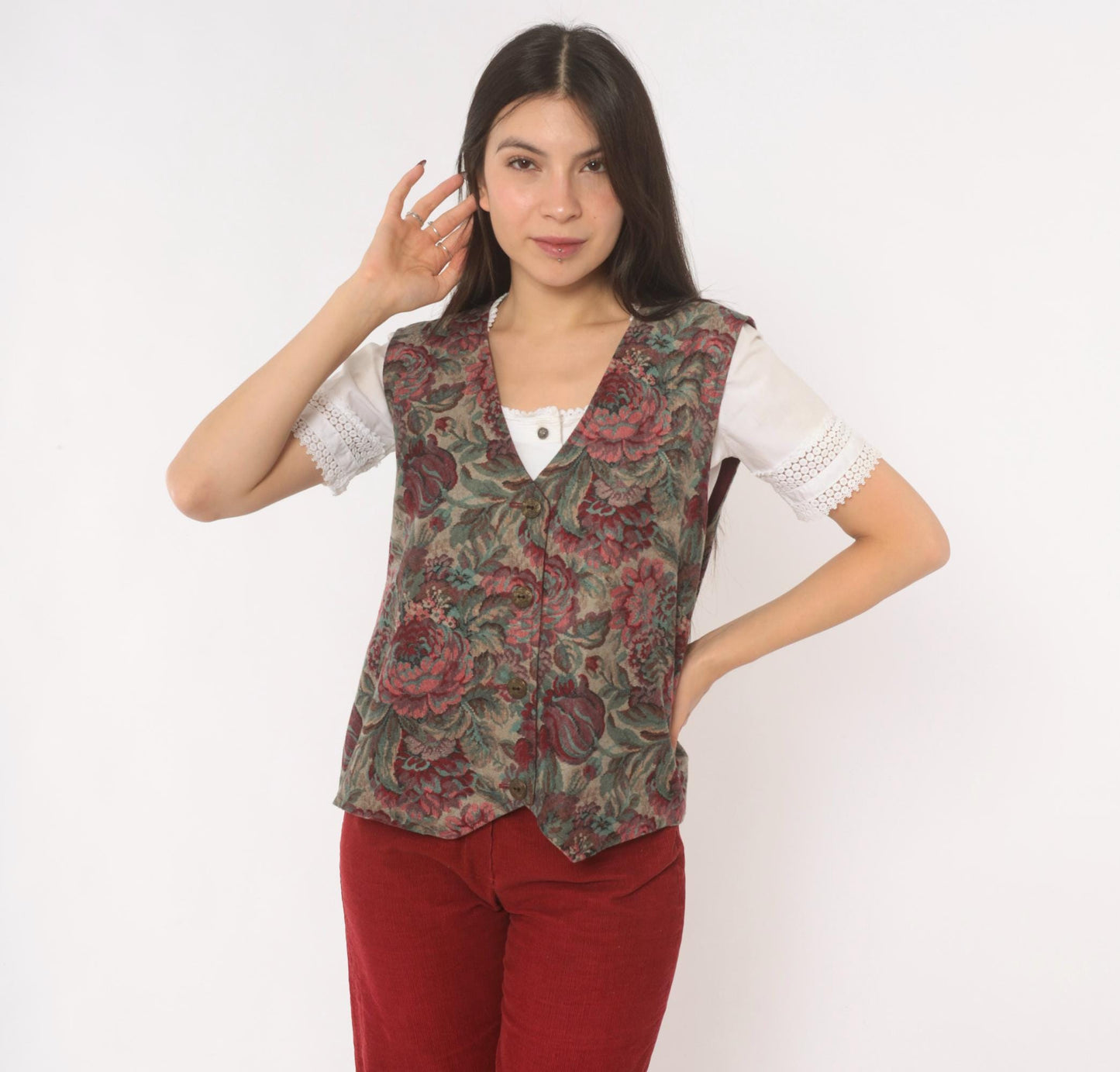 90s Floral Tapestry Vest Burgundy Teal Rose Jacquard Button Front Large L