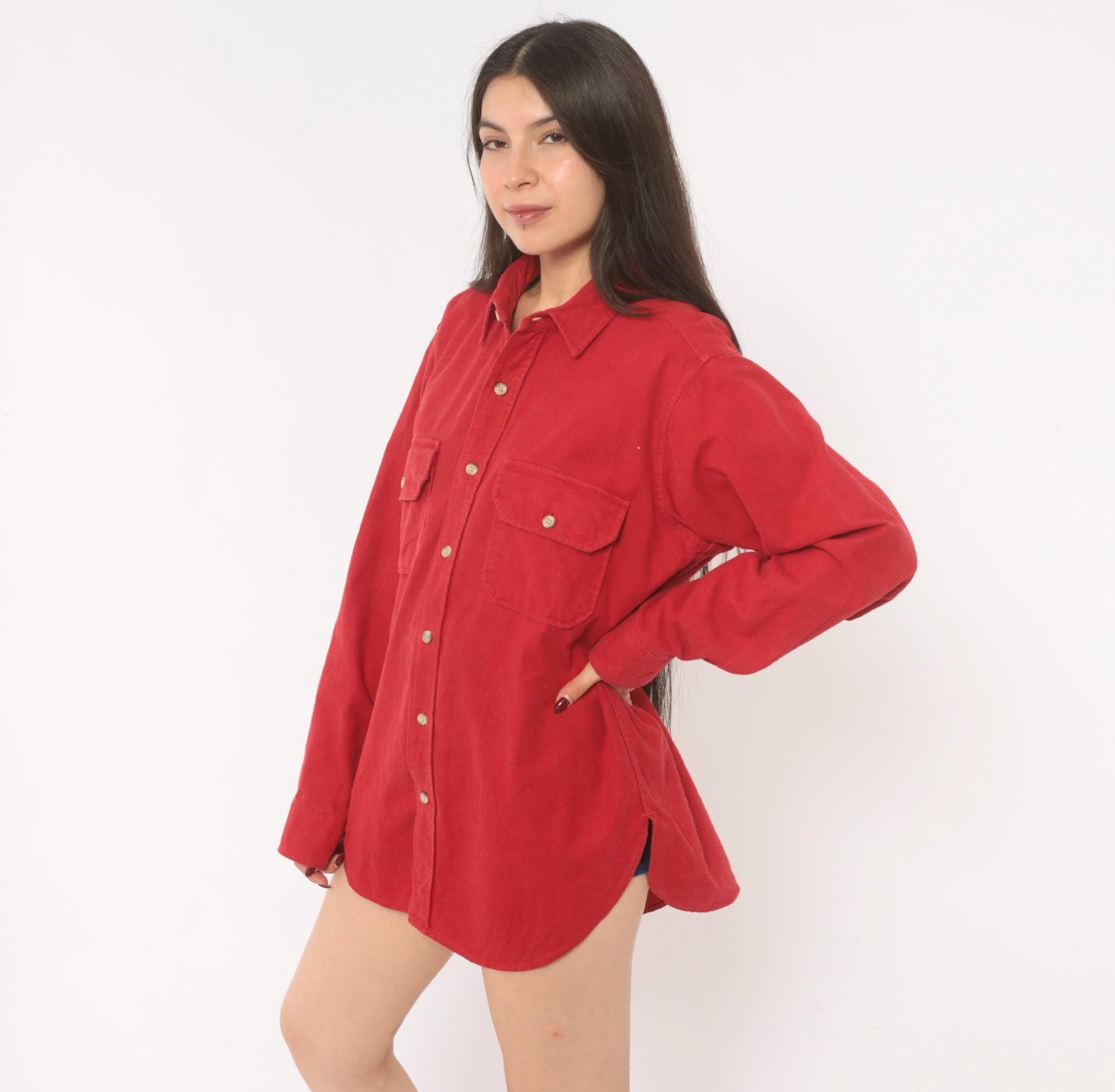 Woolrich 90s Red Cotton Flannel Button-Up Shirt Dual Chest Pocket Large L