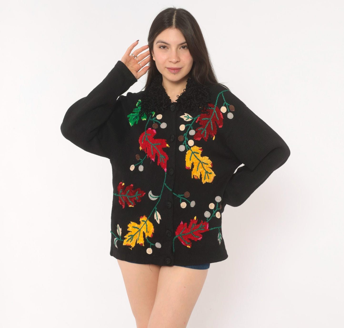 90s Victoria Harbour Black Cardigan Embroidered Autumn Leaves Large L