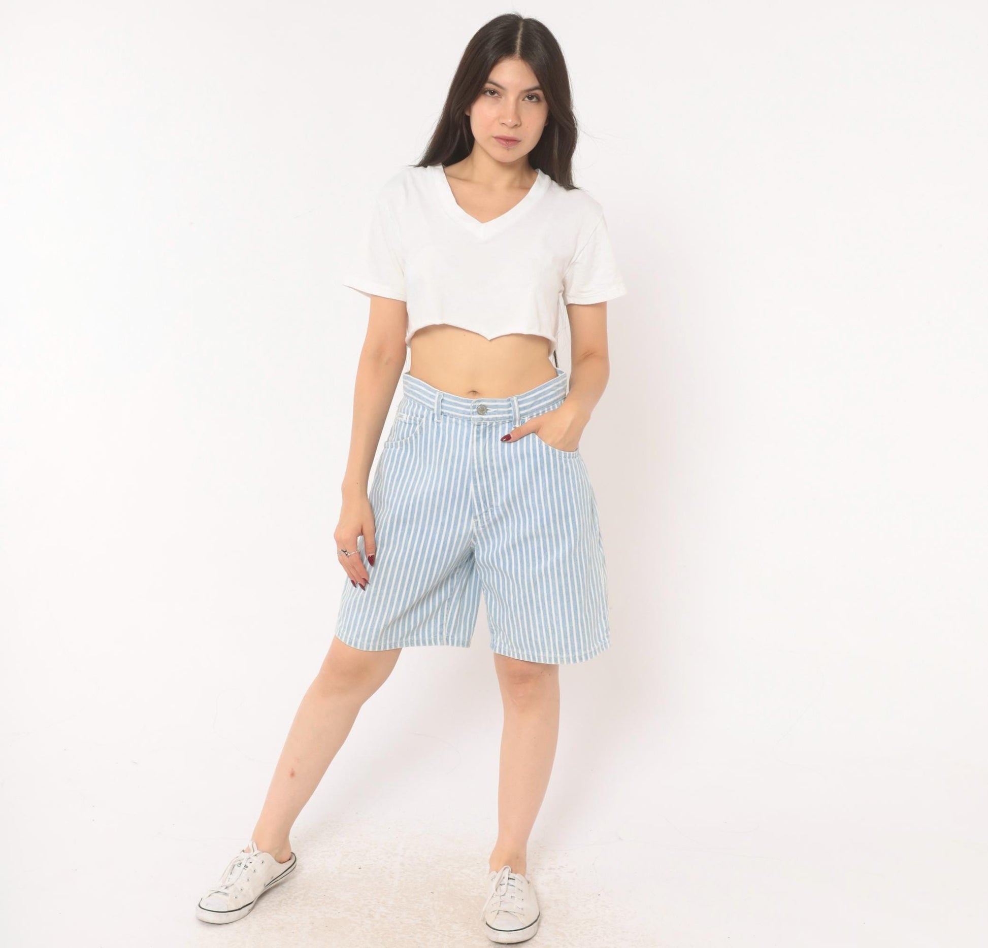 90s Lee High Waist Pinstriped Denim Shorts Blue White Bermuda Medium M