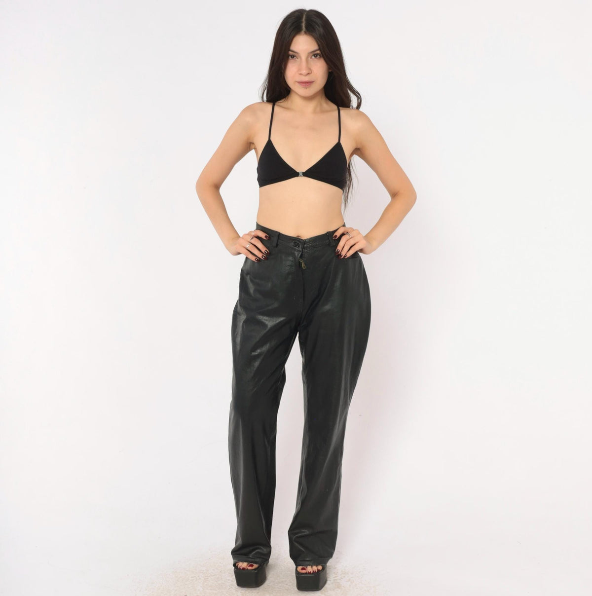 90s Black Leather Pants High Waist Straight Leg Moto Trousers Medium M