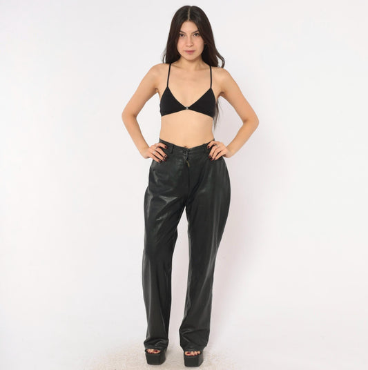 90s Black Leather Pants High Waist Straight Leg Moto Trousers Medium M