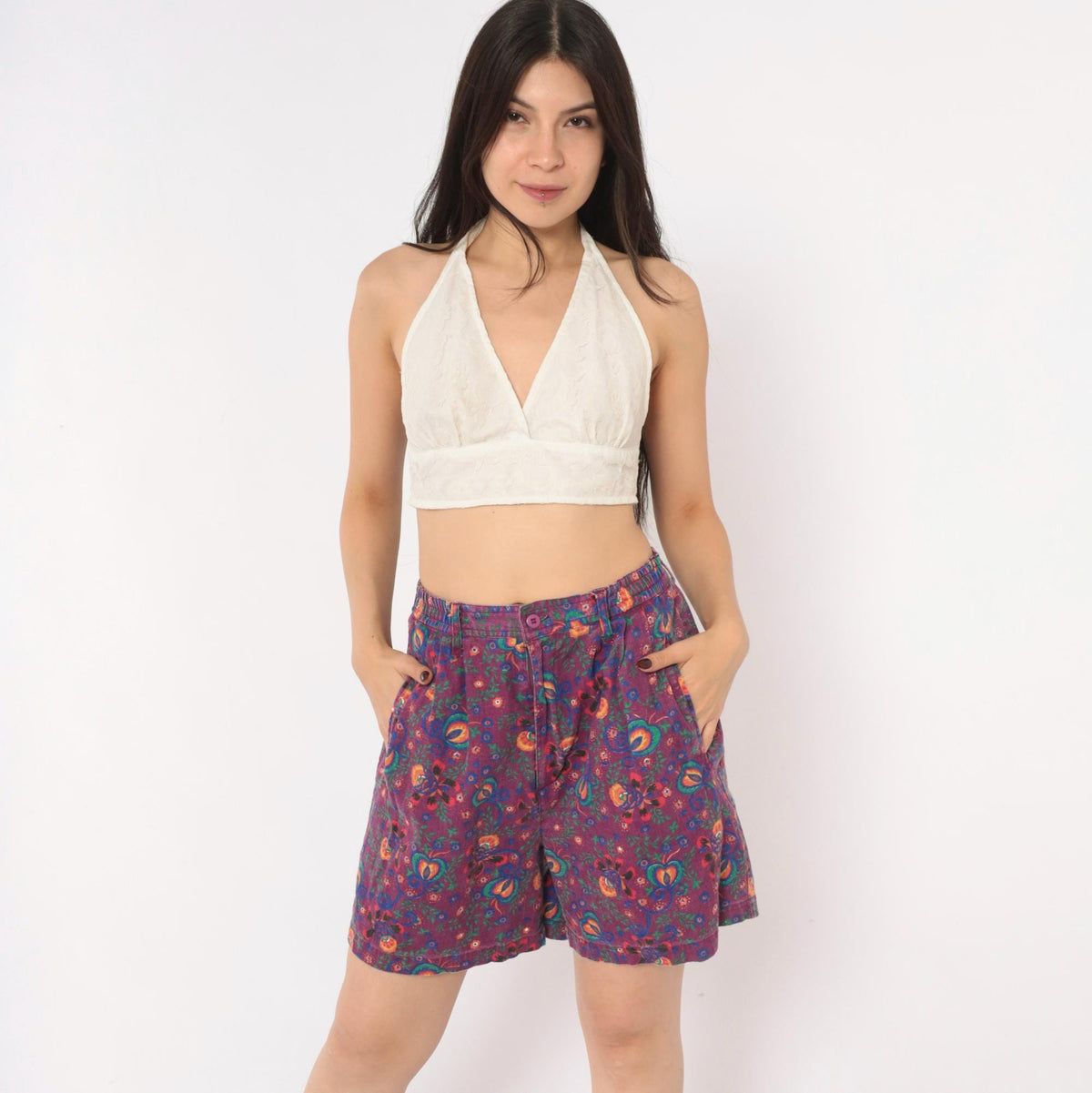 90s Gitano Purple Floral Linen Shorts High Waist Pleated Wide Leg Small