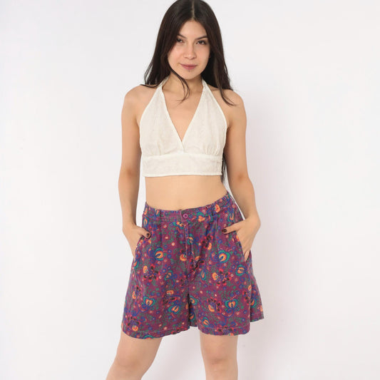 90s Gitano Purple Floral Linen Shorts High Waist Pleated Wide Leg Small