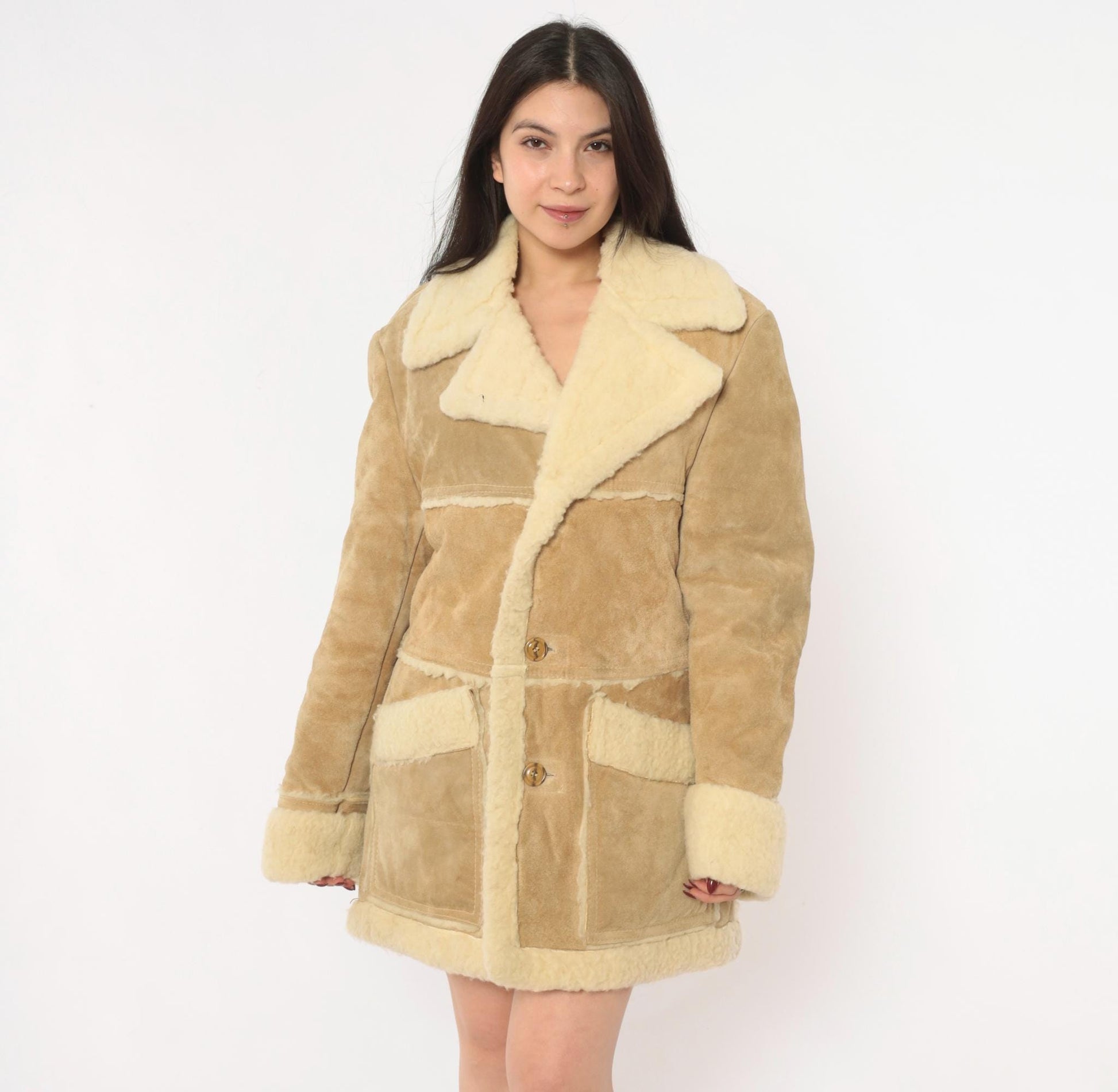 70s Tan Suede Shearling Jacket Wool Lined Cream Sherpa Collar Extra Large XL
