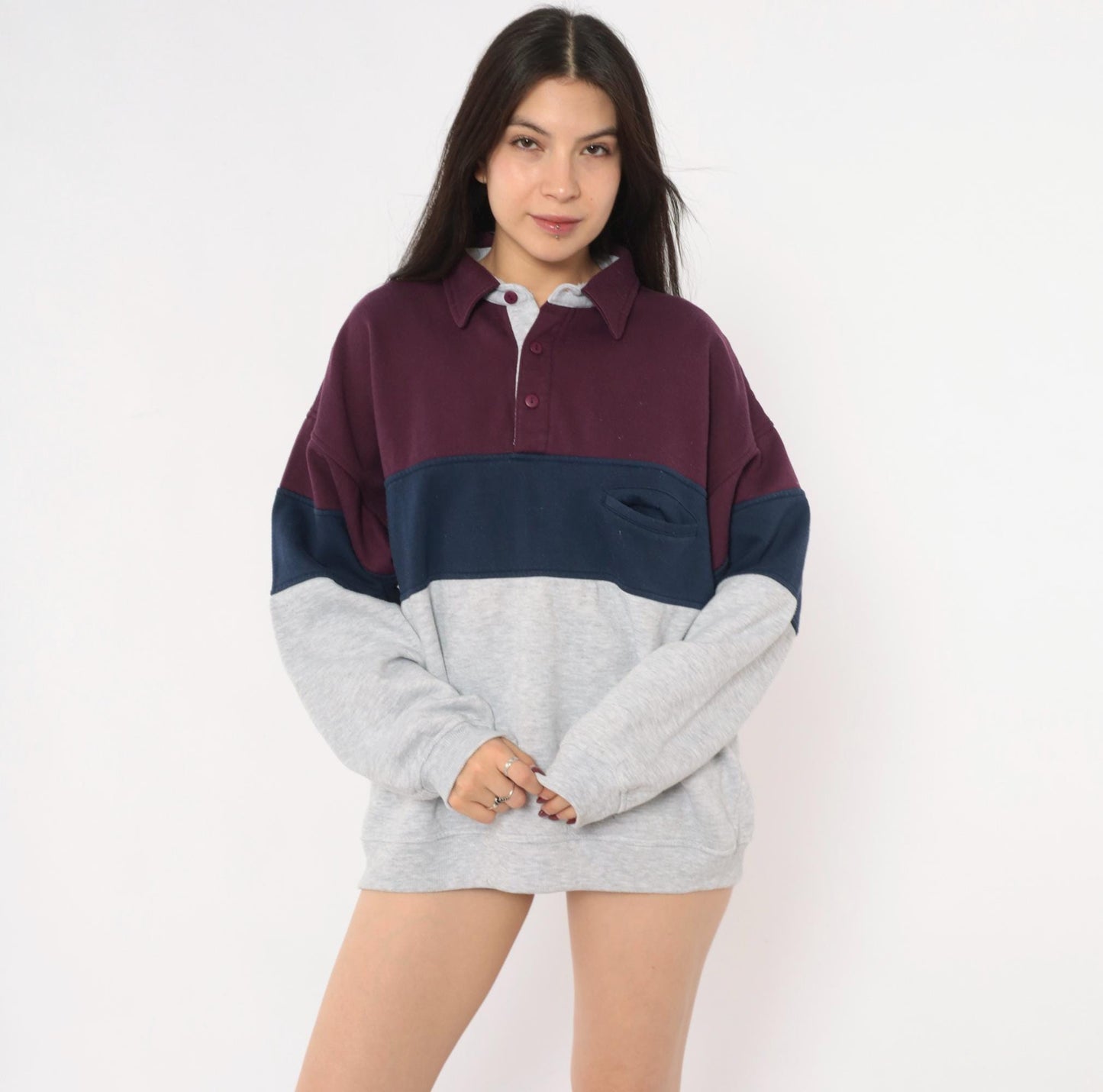 90s Greenline International Color Block Rugby Polo Burgundy Navy Medium