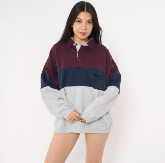 90s Greenline International Color Block Rugby Polo Burgundy Navy Medium