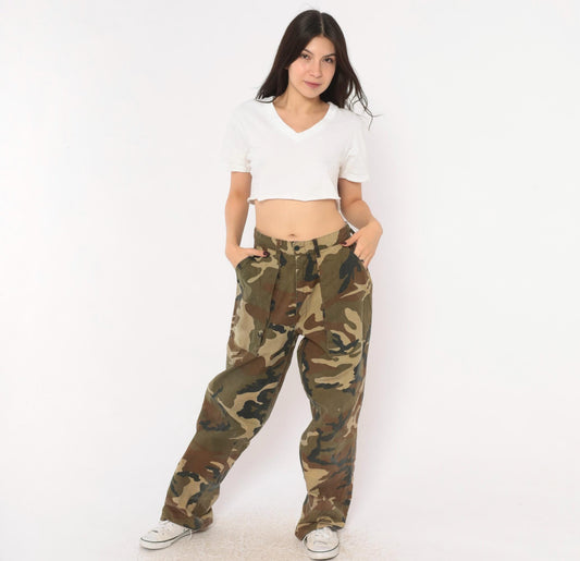 90s Winchester Camo Pants Olive Cotton Baggy Wide Leg Military Medium M