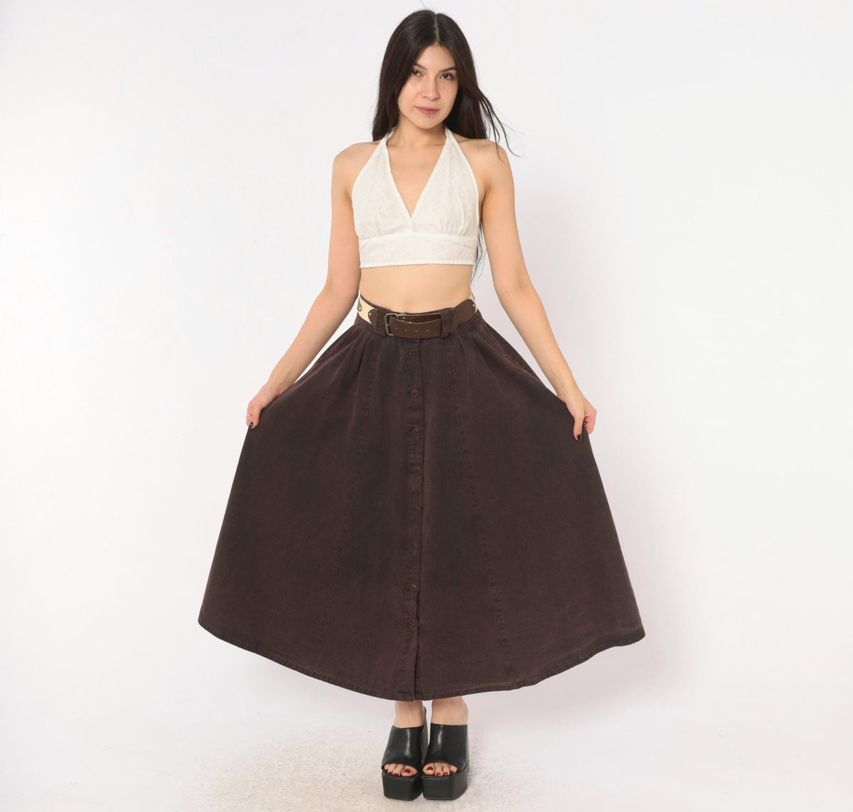 80s Burgundy Cotton Skirt Button Front A-Line High Waist Pockets Small S