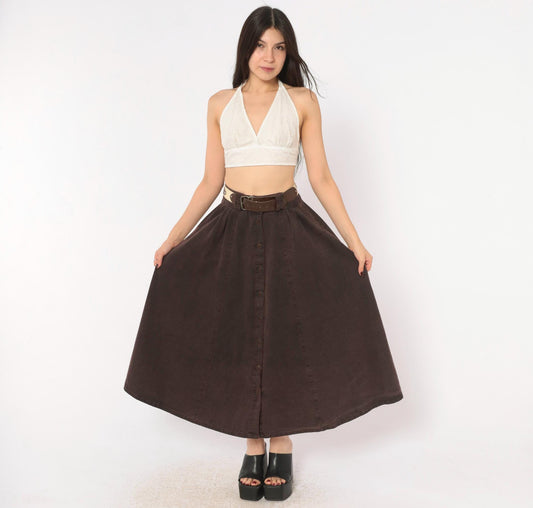80s Burgundy Cotton Skirt Button Front A-Line High Waist Pockets Small S