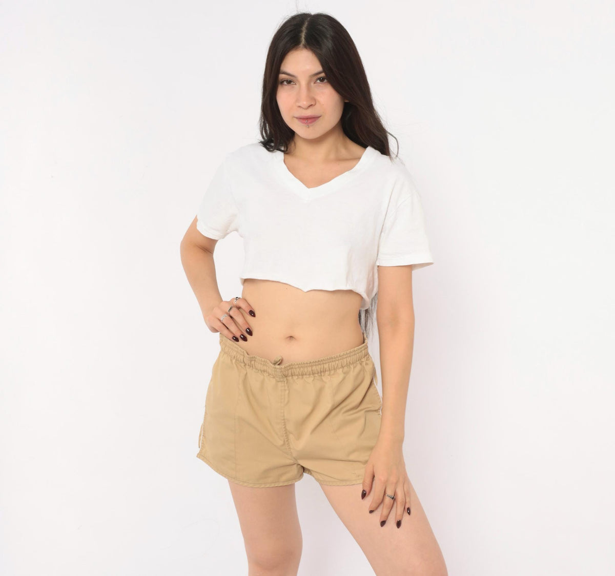 80s Cest. Joli Tan Running Shorts White Piping Dolphin Hem Medium