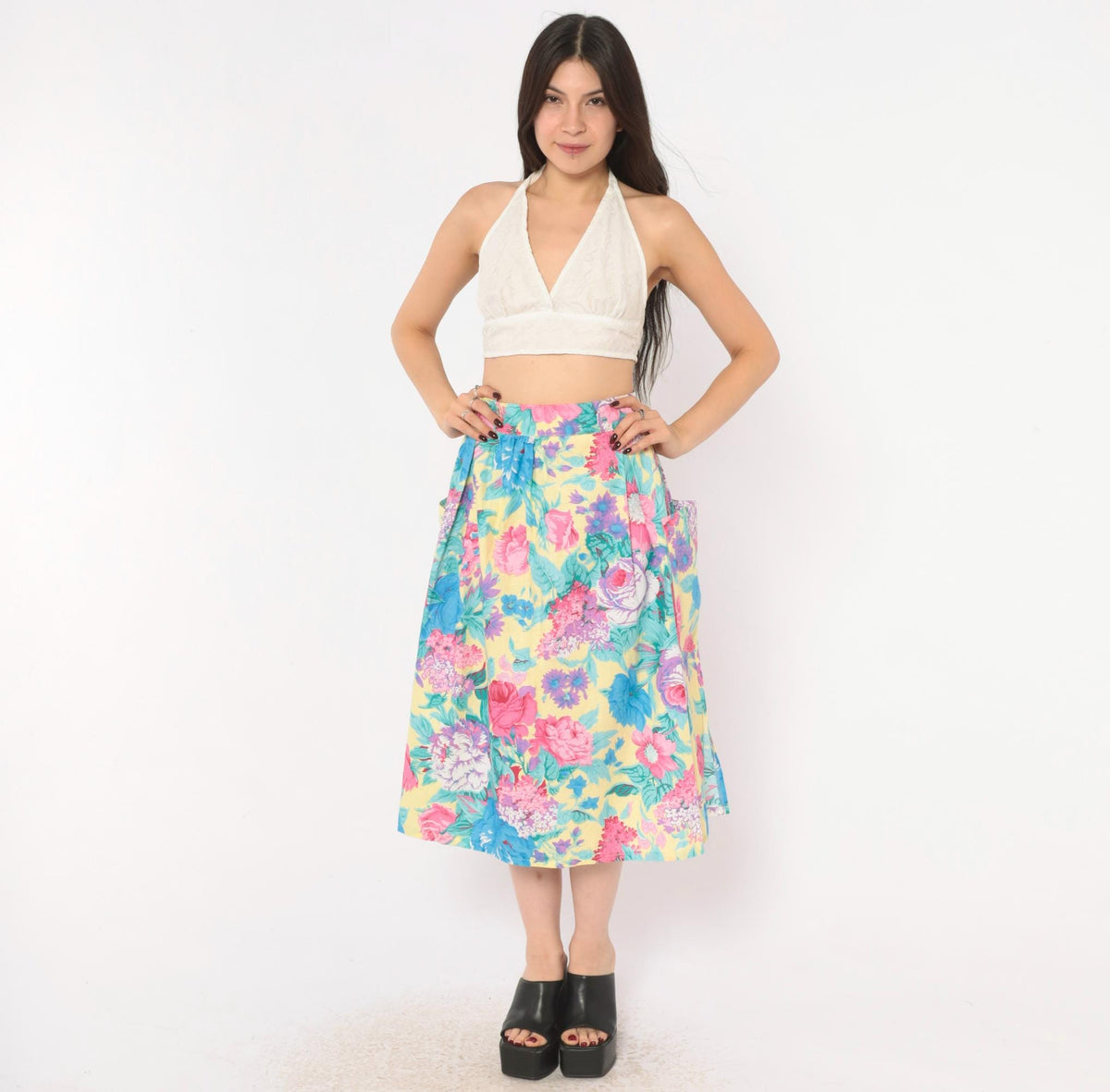 80s Lanzetta Sport Floral Midi Skirt Pink Rose Yellow Cotton High Waist Medium