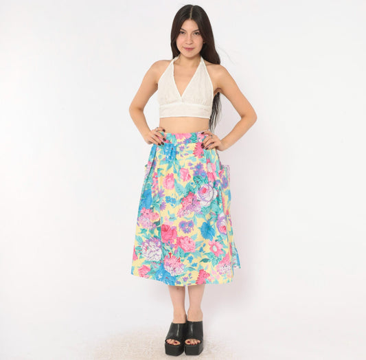 80s Lanzetta Sport Floral Midi Skirt Pink Rose Yellow Cotton High Waist Medium
