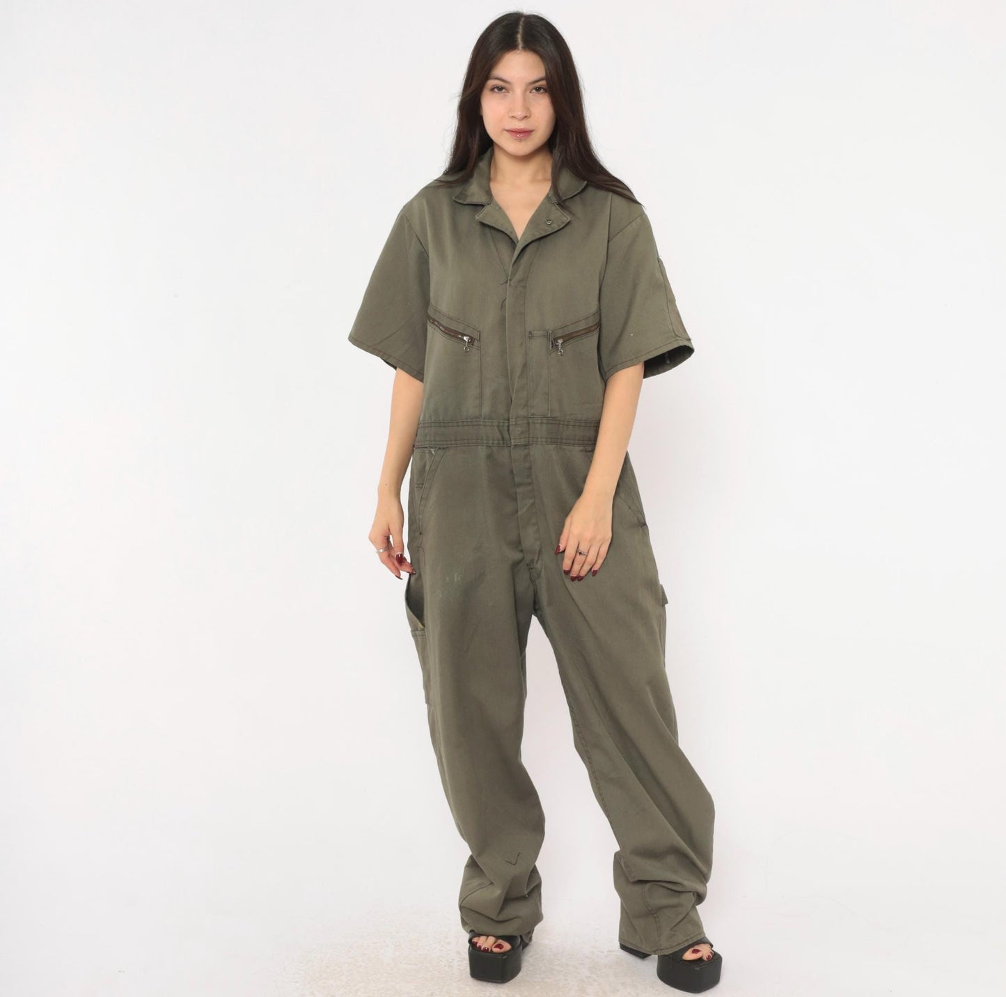 90s Dickies Olive Coveralls Zip Front Short Sleeve Jumpsuit Workwear Extra Large