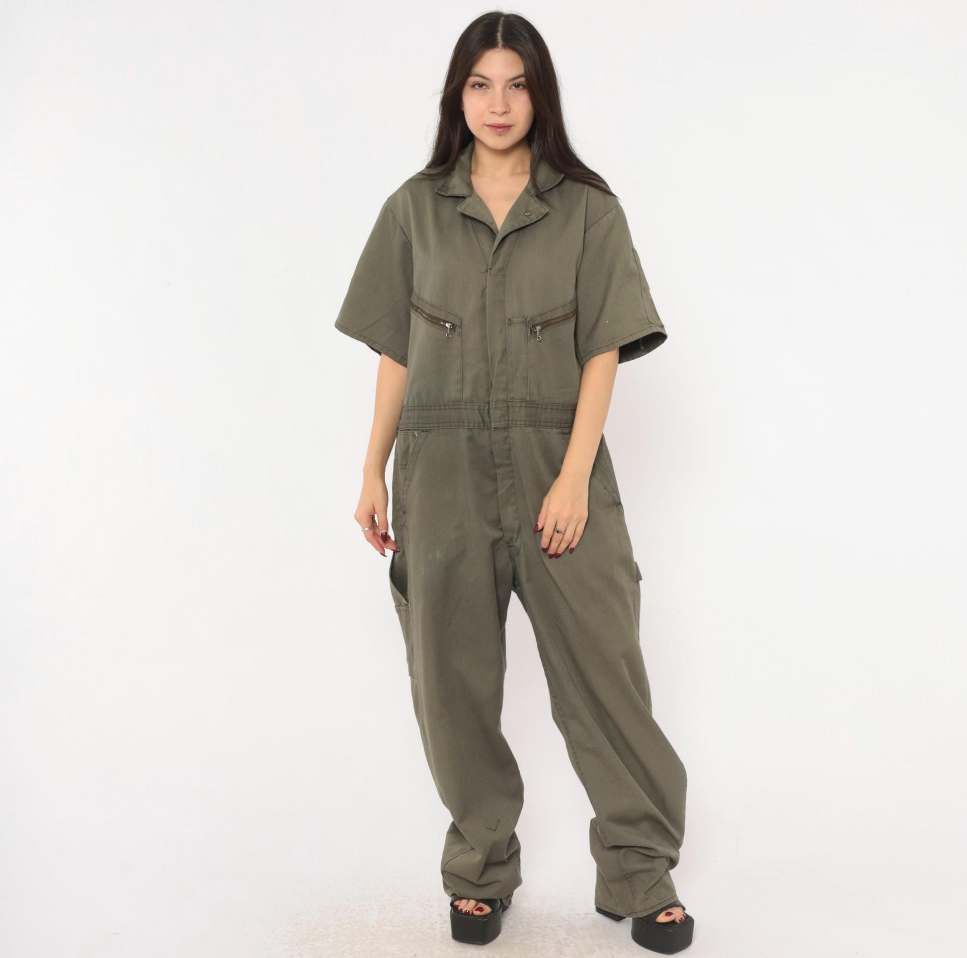 90s Dickies Olive Coveralls Zip Front Short Sleeve Jumpsuit Workwear Extra Large