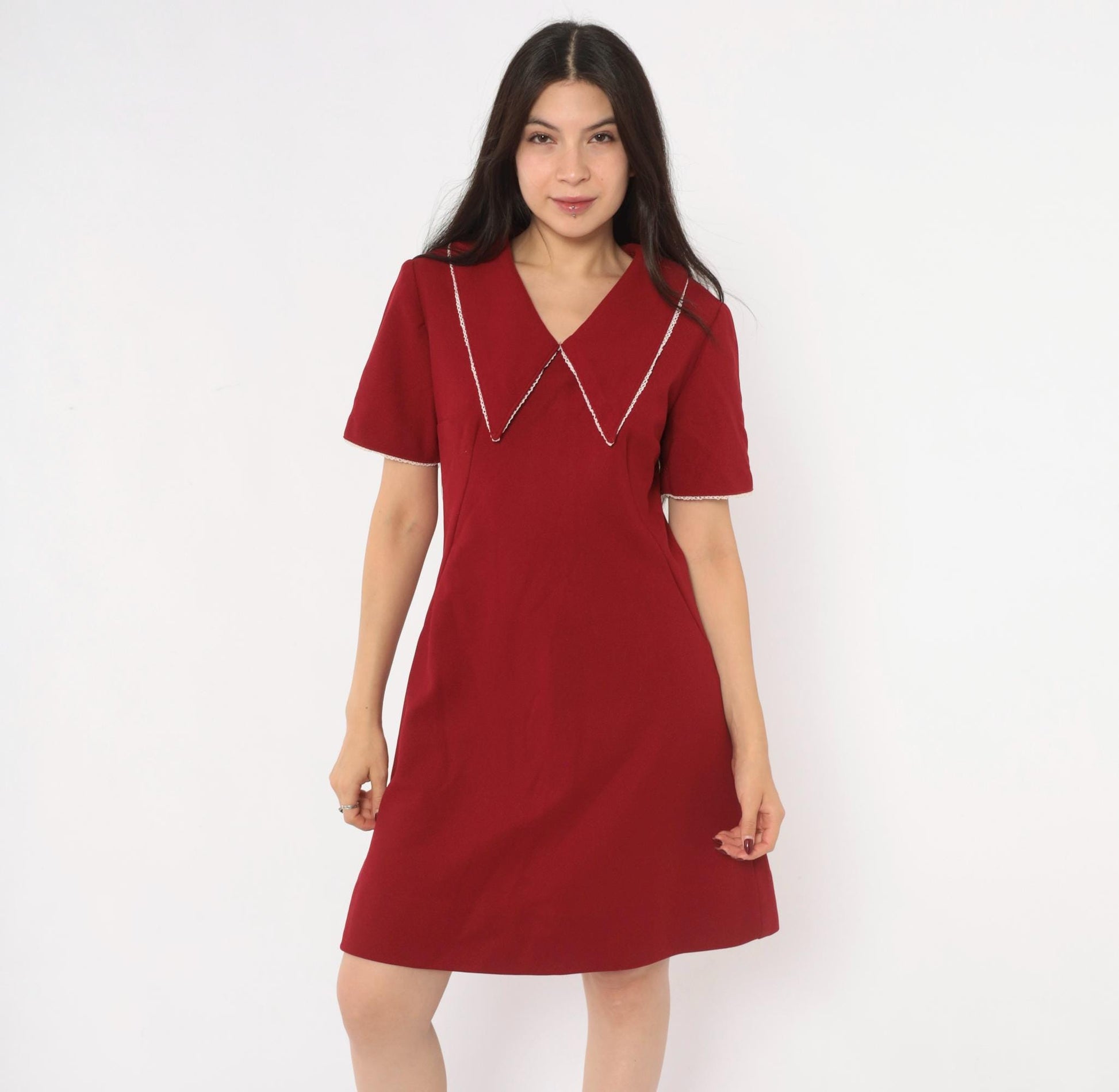 70s Burgundy Sailor Collar A-Line Dress Lace Trim Knee Length Medium