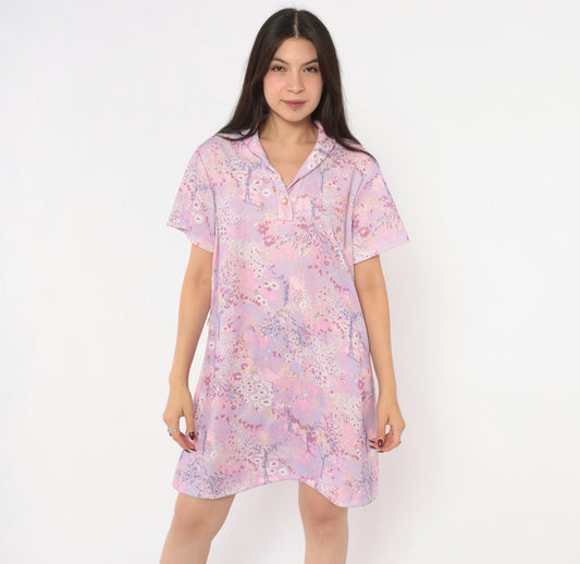 70s Lady Blair Floral Shift Dress Pink Lavender Watercolor Mini Extra Large