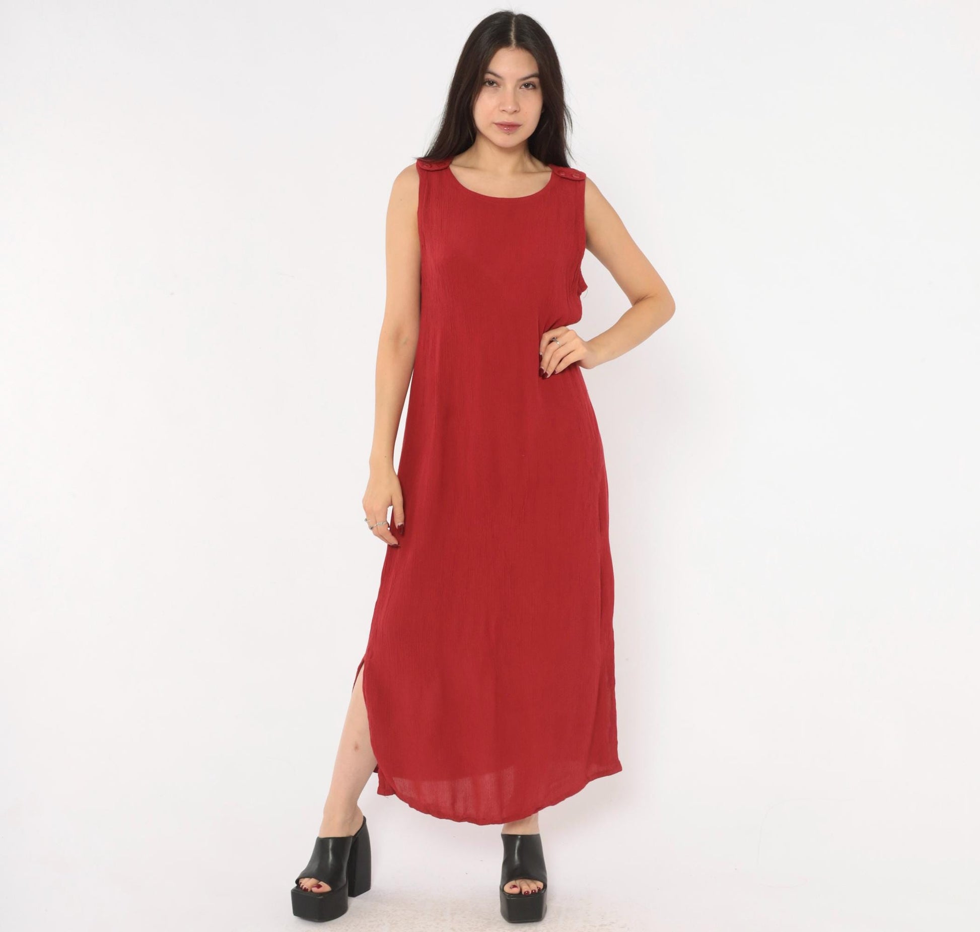 90s Sag Harbor Cranberry Maxi Dress Sleeveless Shoulder Buttons Extra Large