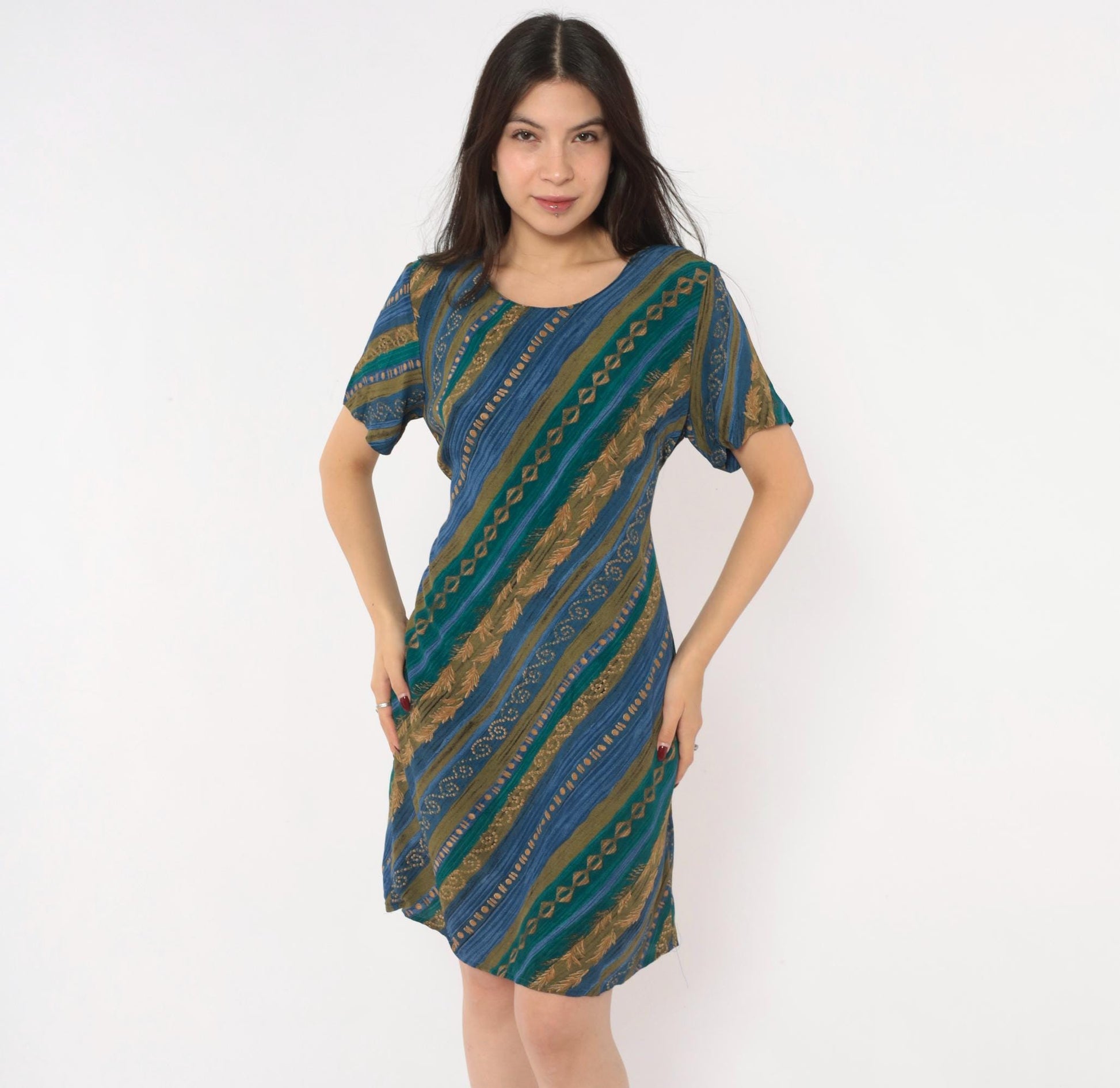 90s Tribal Geometric Sundress Blue Teal Gold Diagonal Stripe A-Line Medium M
