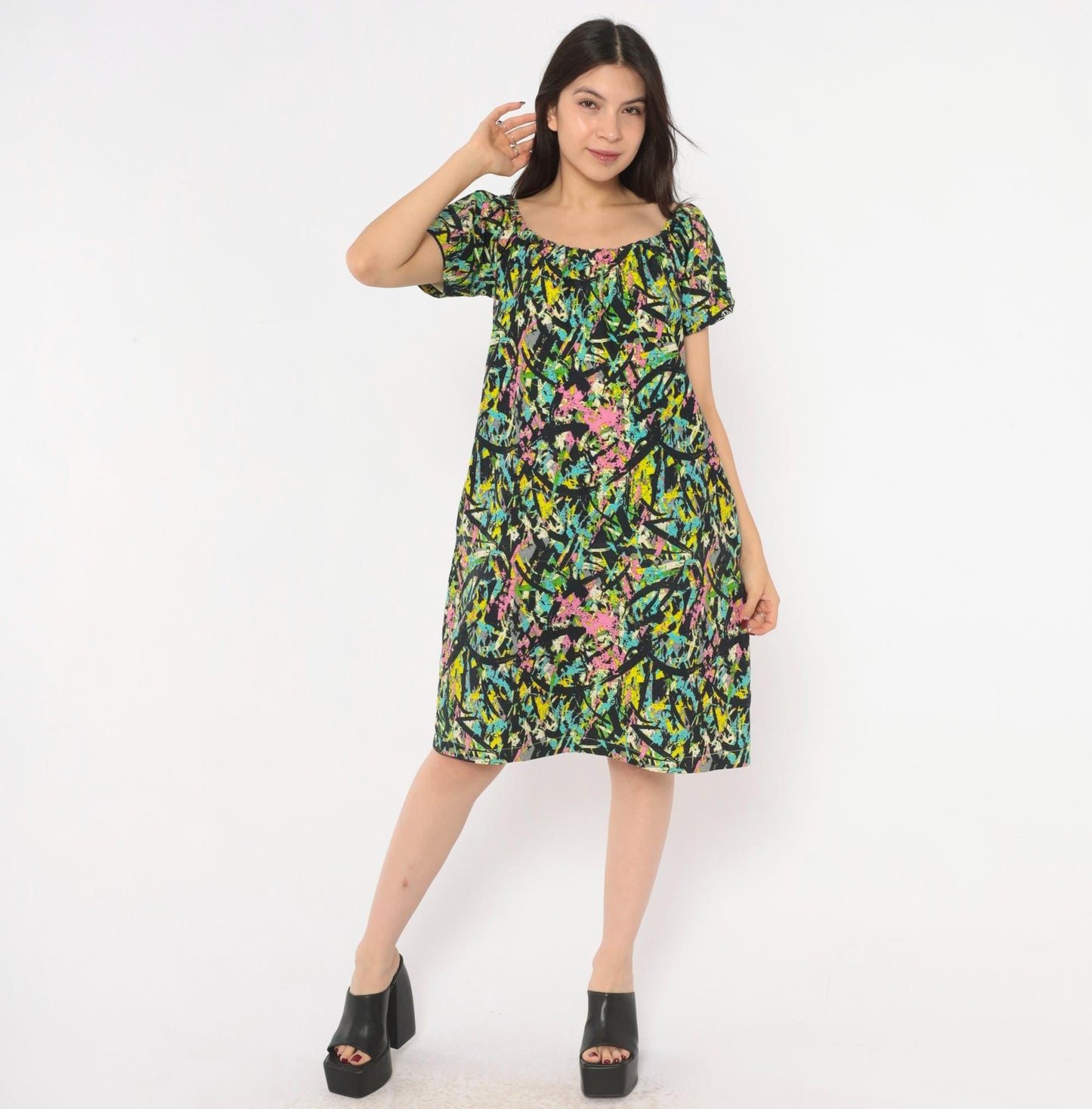 70s Splatter Paint Shift Dress Abstract Print Cotton A-Line Medium