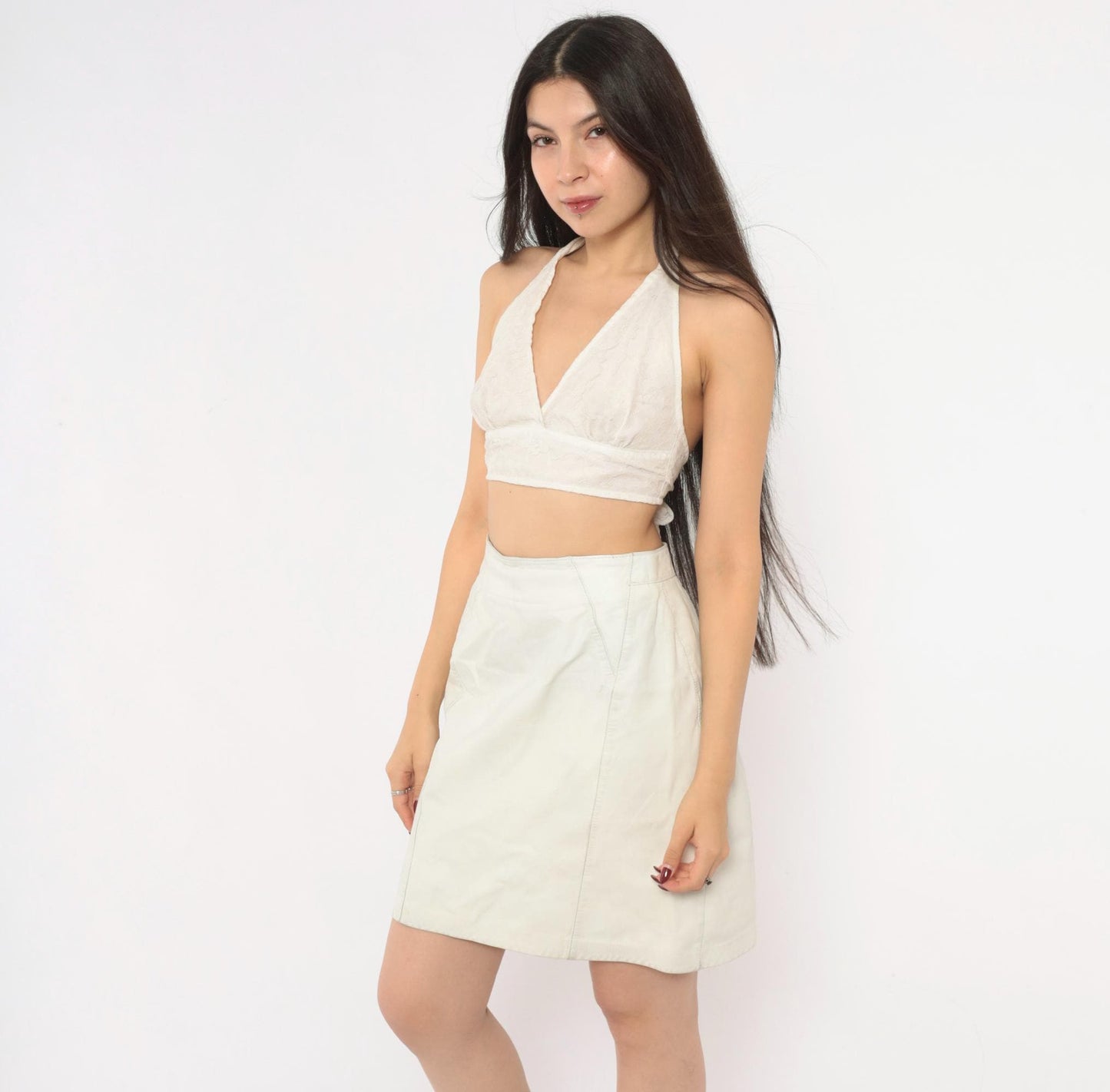 80s Ivory Leather Mini Skirt A-Line High Waist Paneled Seam Detail Small S