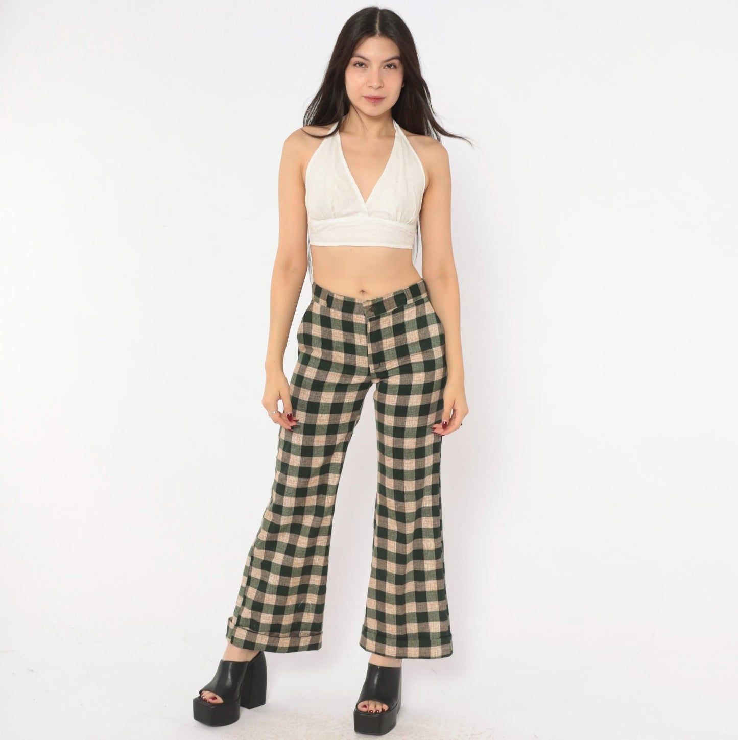 70s Tale Lord Green Tan Buffalo Check Flare Pants High Waist Extra Small XS