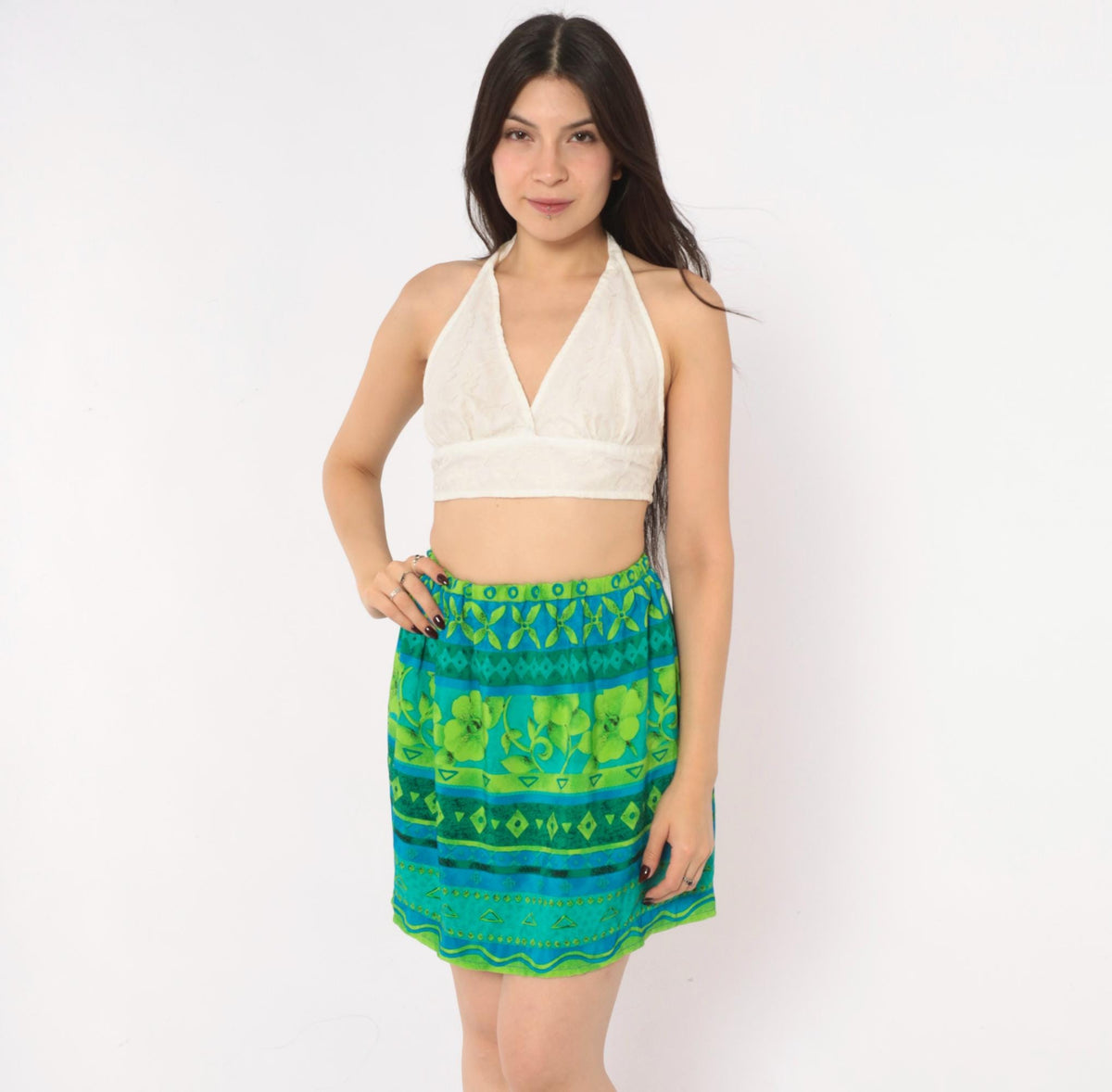 90s Green Floral Mini Skirt Teal Diamond Geometric Print Elastic Waist Extra Small