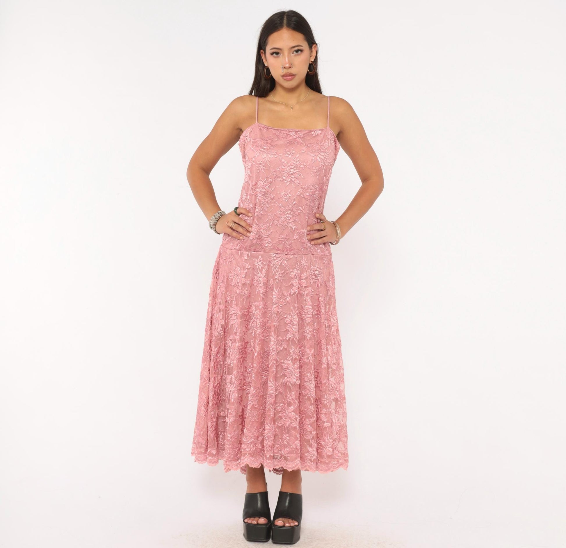 80s Pat Richards Pink Lace Maxi Dress Floral Embroidered Drop Waist Medium