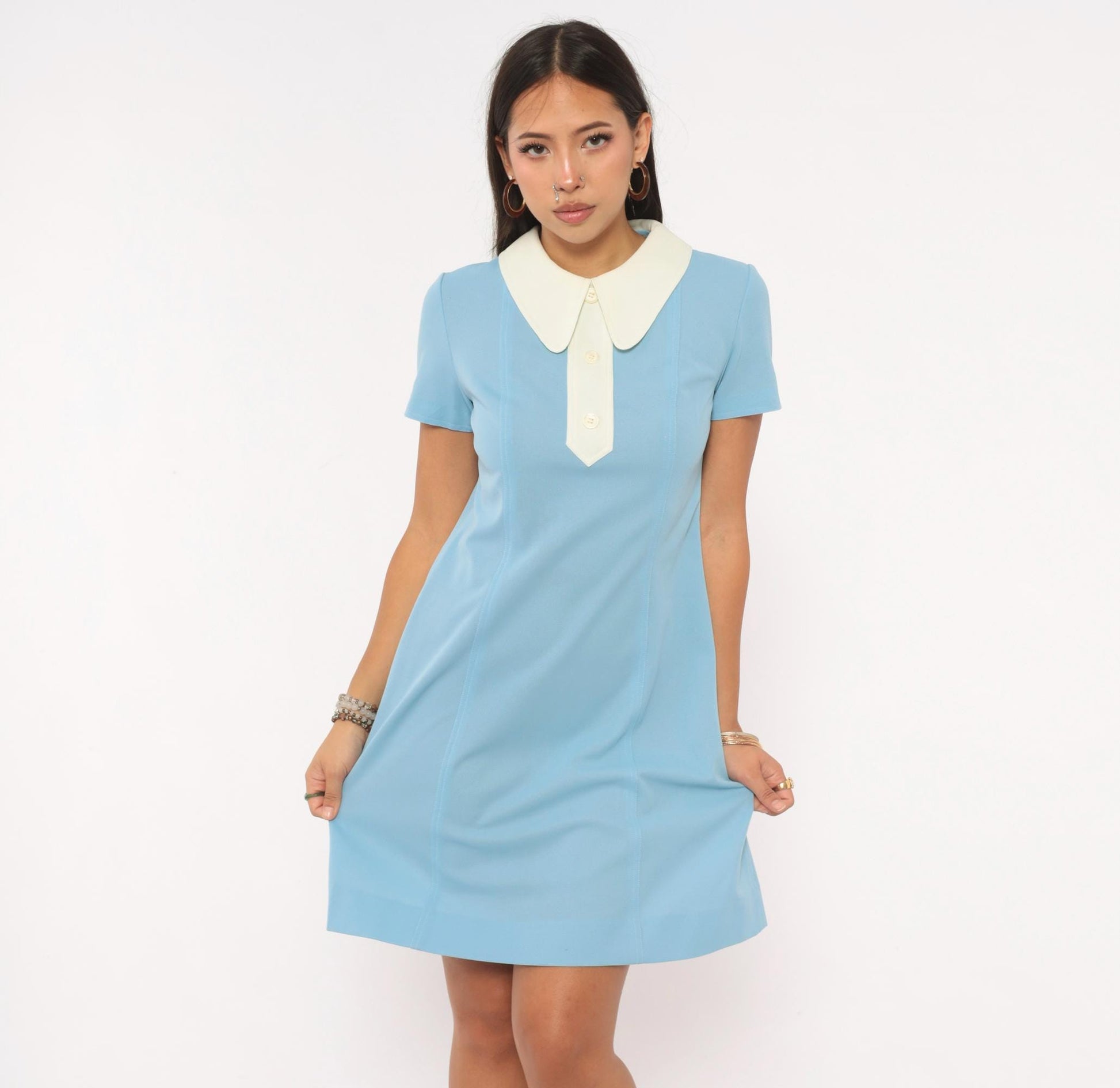 70s Unidress Sky Blue Peter Pan Collar Mini Shift Dress Small