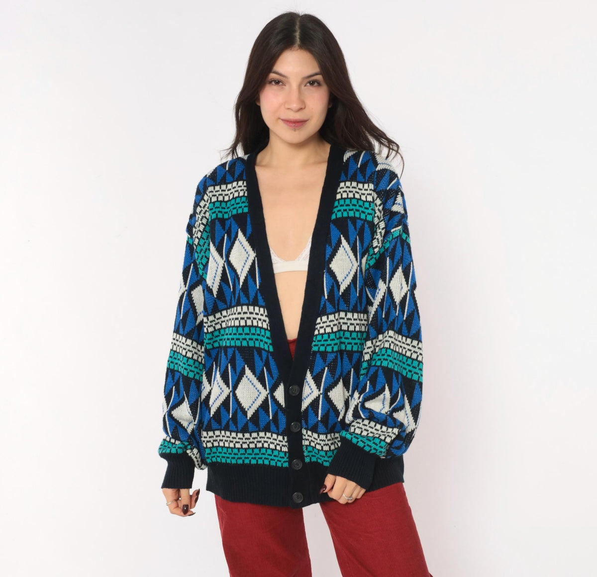 90s Sun Set High Way Geometric Knit Cardigan Navy Teal Diamond Fair Isle Large L