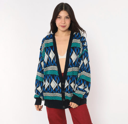 90s Sun Set High Way Geometric Knit Cardigan Navy Teal Diamond Fair Isle Large L